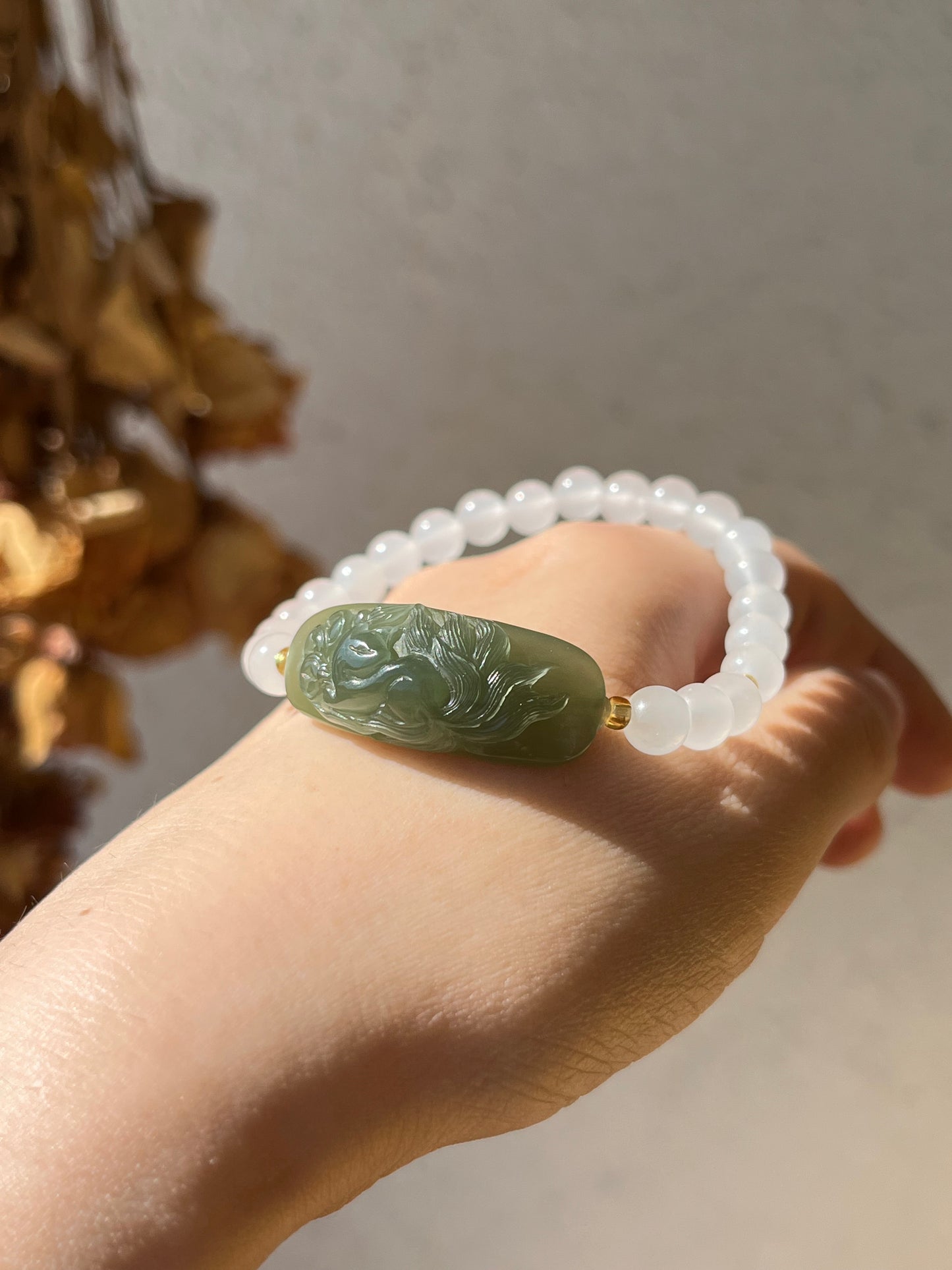 Handmade Bracelet with a Hand Carved Green Hetian Jade Nine Tailed Fox Pendant
