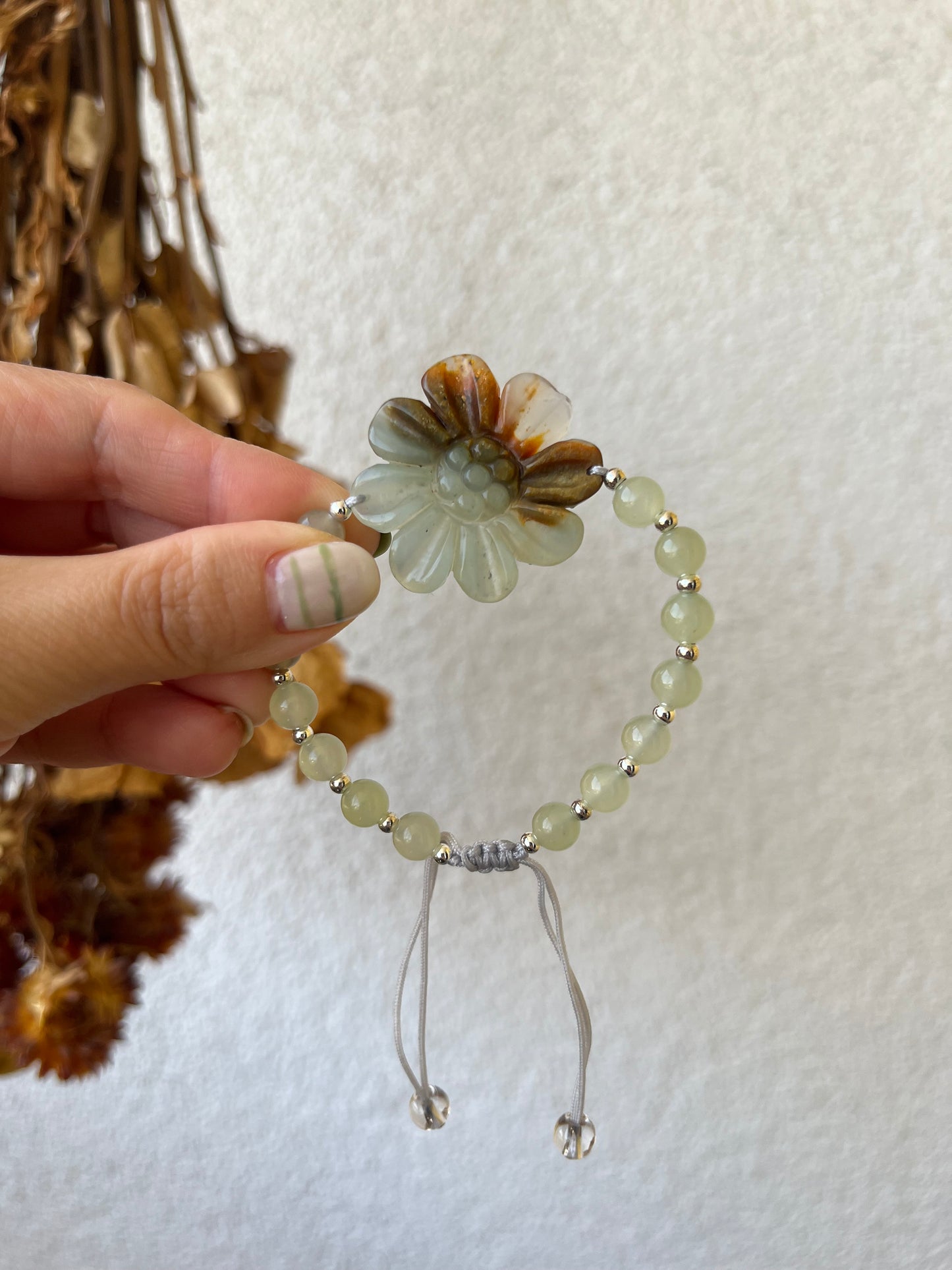Bracelet Crafted from Hand Carved Xiu Jade Daisy