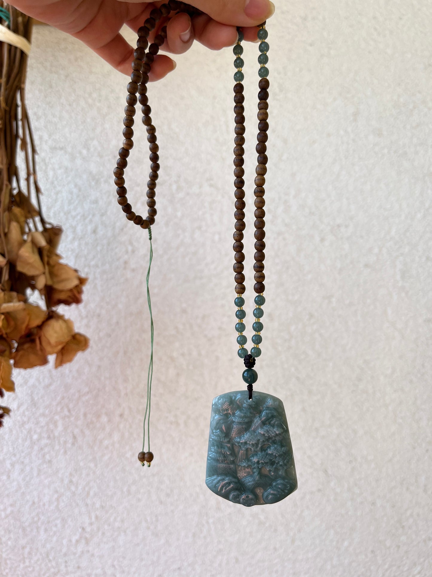 Handmade Necklace with Blue Jadeite Landscape Pendant and Agarwood Beaded (5mm) Cord