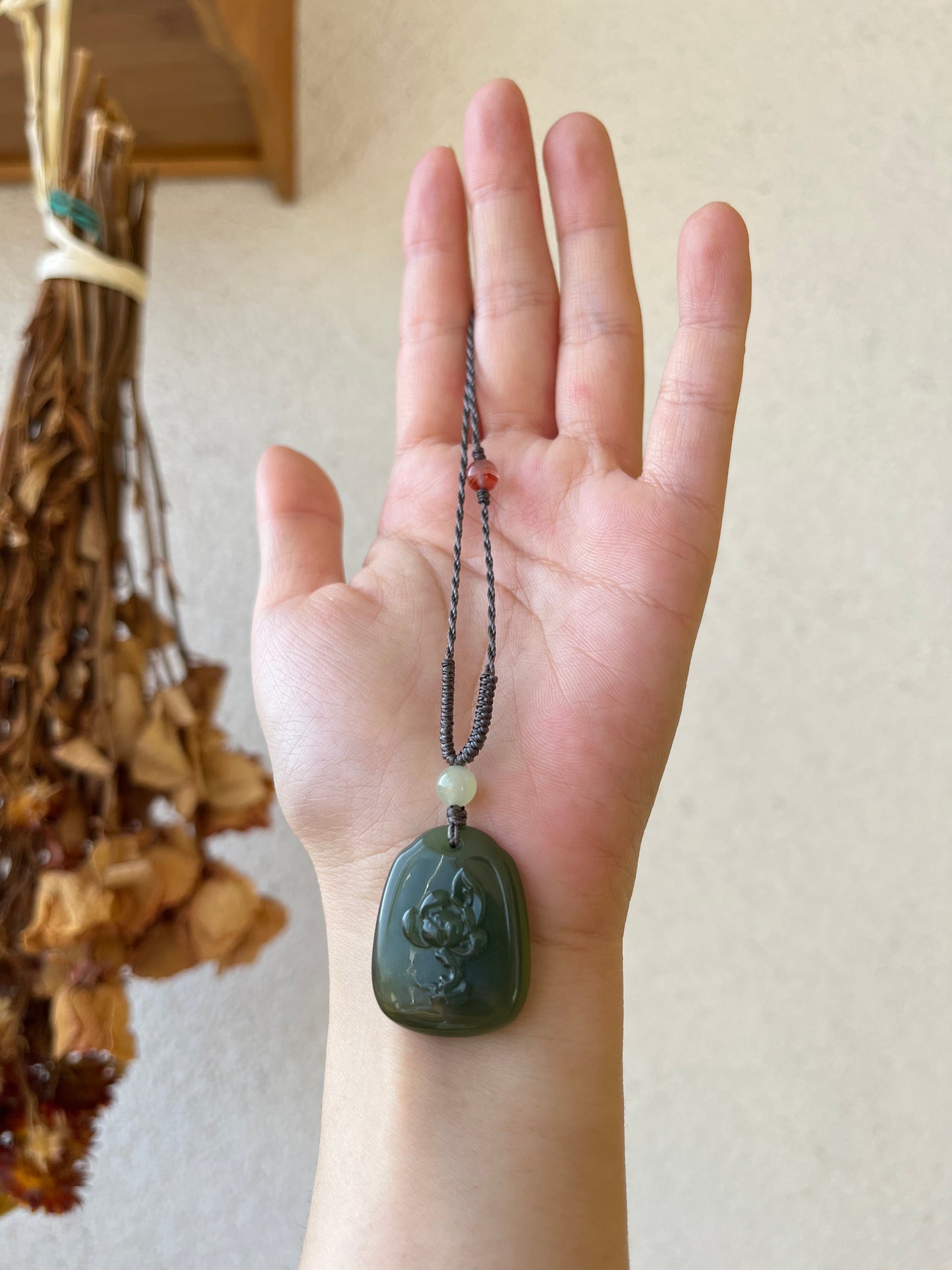 Handmade Necklace with A Hetian Green Jade Happy Buddha Pendant，和田湖水绿逍遥佛
