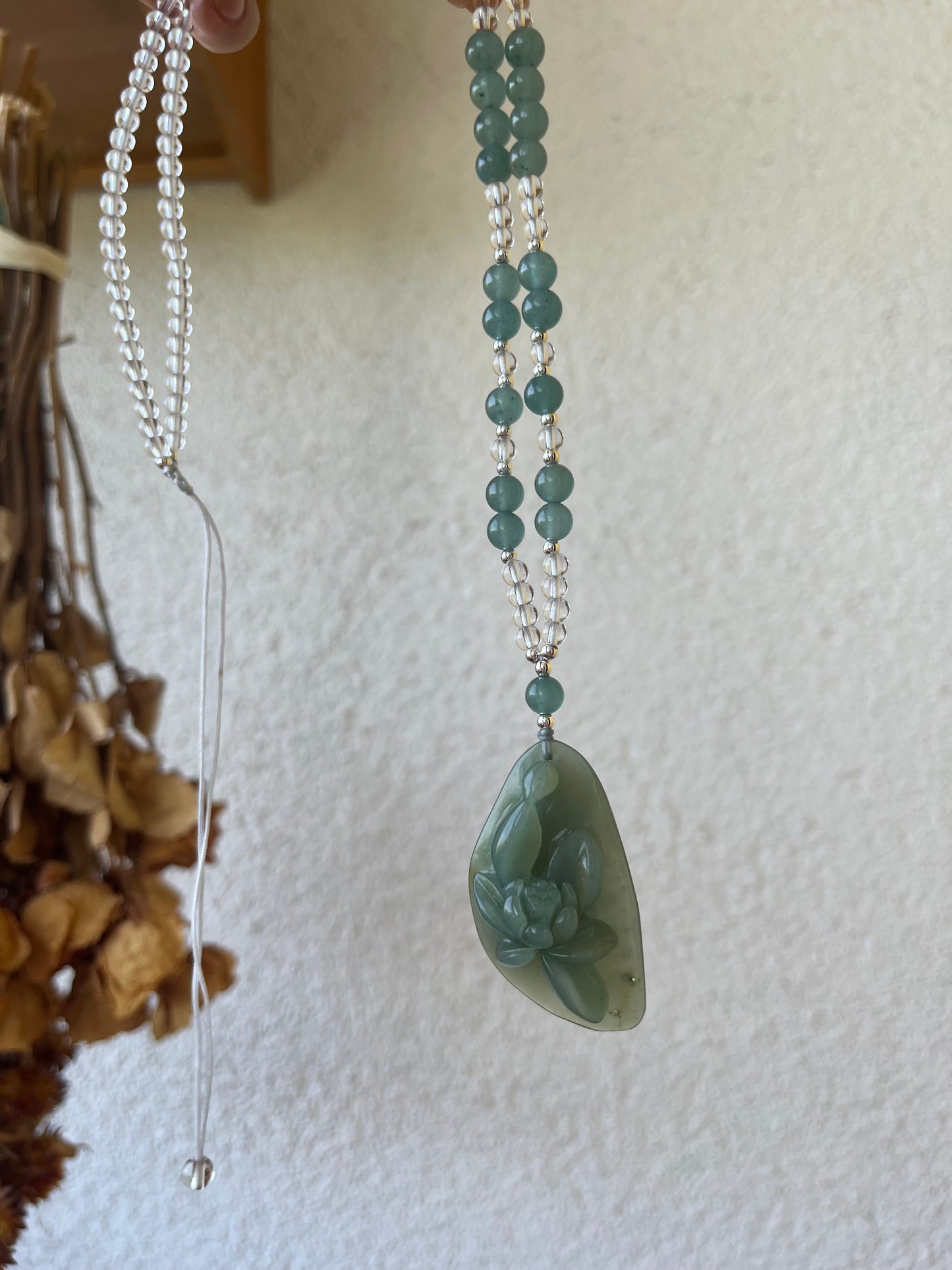 Hand Carved Blue Xiu Jade Lotus Necklace