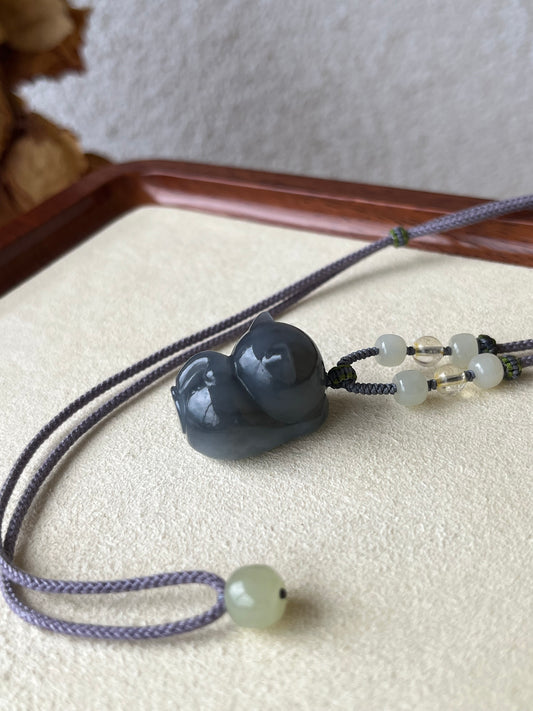 3D Hand Carved Grayish Purple Hetian Jade Cat Pendant