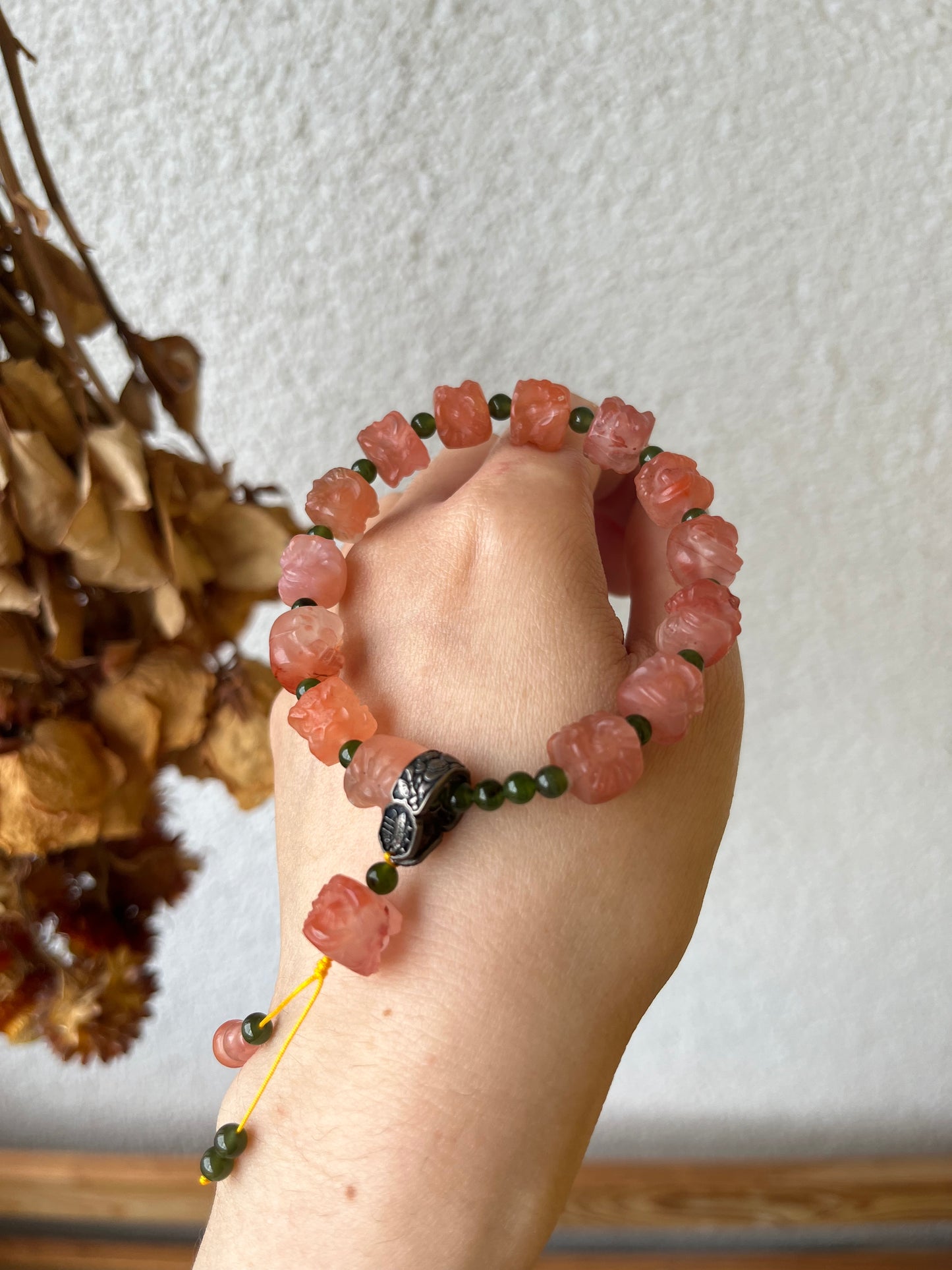Nanhong Agate Lion Dance Head and Green Hetian Jade Beaded Braclet