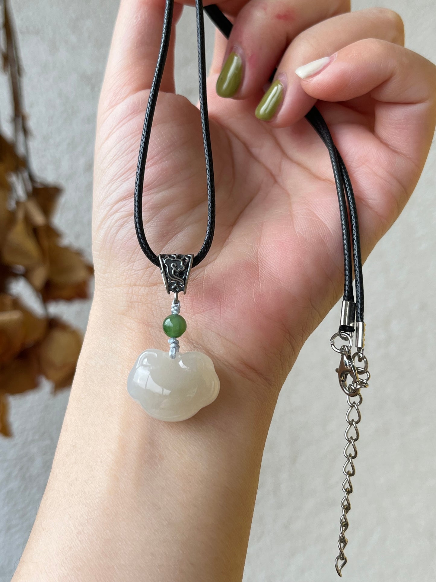 Handmade Necklace with a Light Dirty Pink Hetian Jade Ruyi (As you wish) Pendant