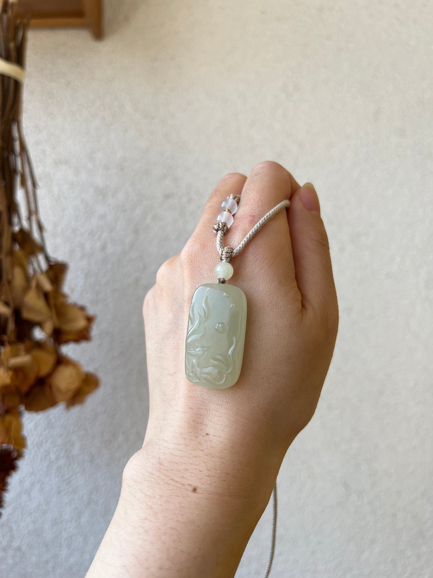 Hand Carved Jade Nine-Tailed Fox Pendant, 手雕晴水冰胶九尾狐 & 无事牌