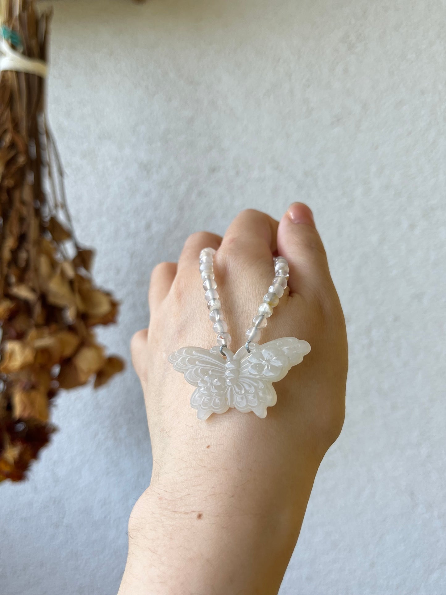 Handmade Necklace with Carved Hetian Jade Butterfly and 4mm Sakura Agate Beads