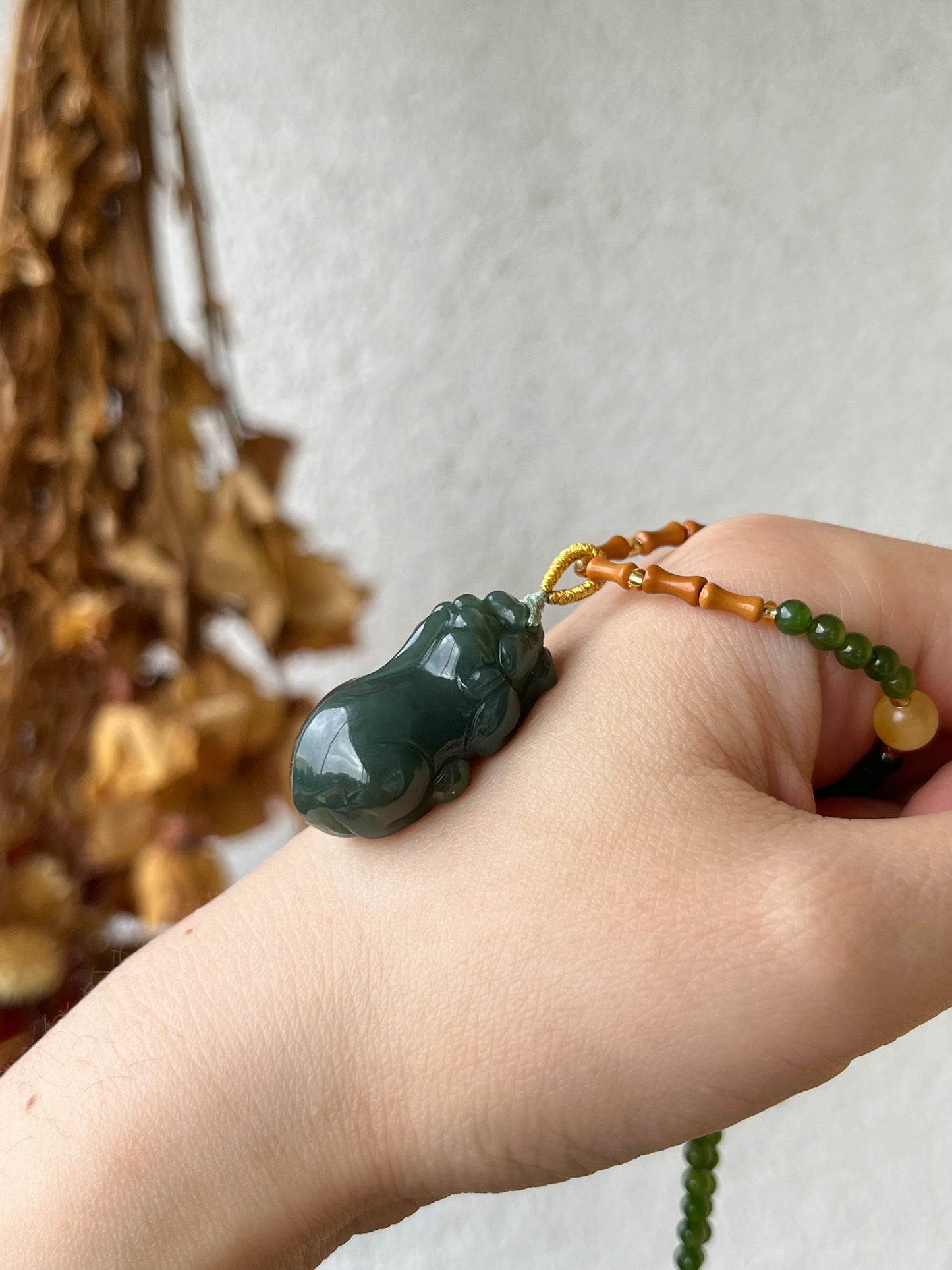 Hetian Green Jade Beaded Necklace with Hetian Jade Pixiu Pendant | 和田碧玉项链加湖水绿貔貅