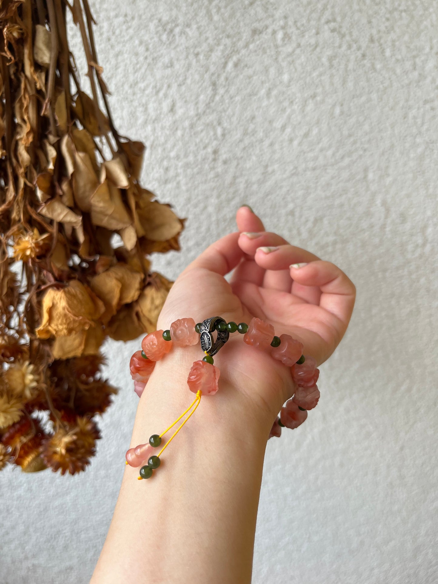 Nanhong Agate Lion Dance Head and Green Hetian Jade Beaded Braclet