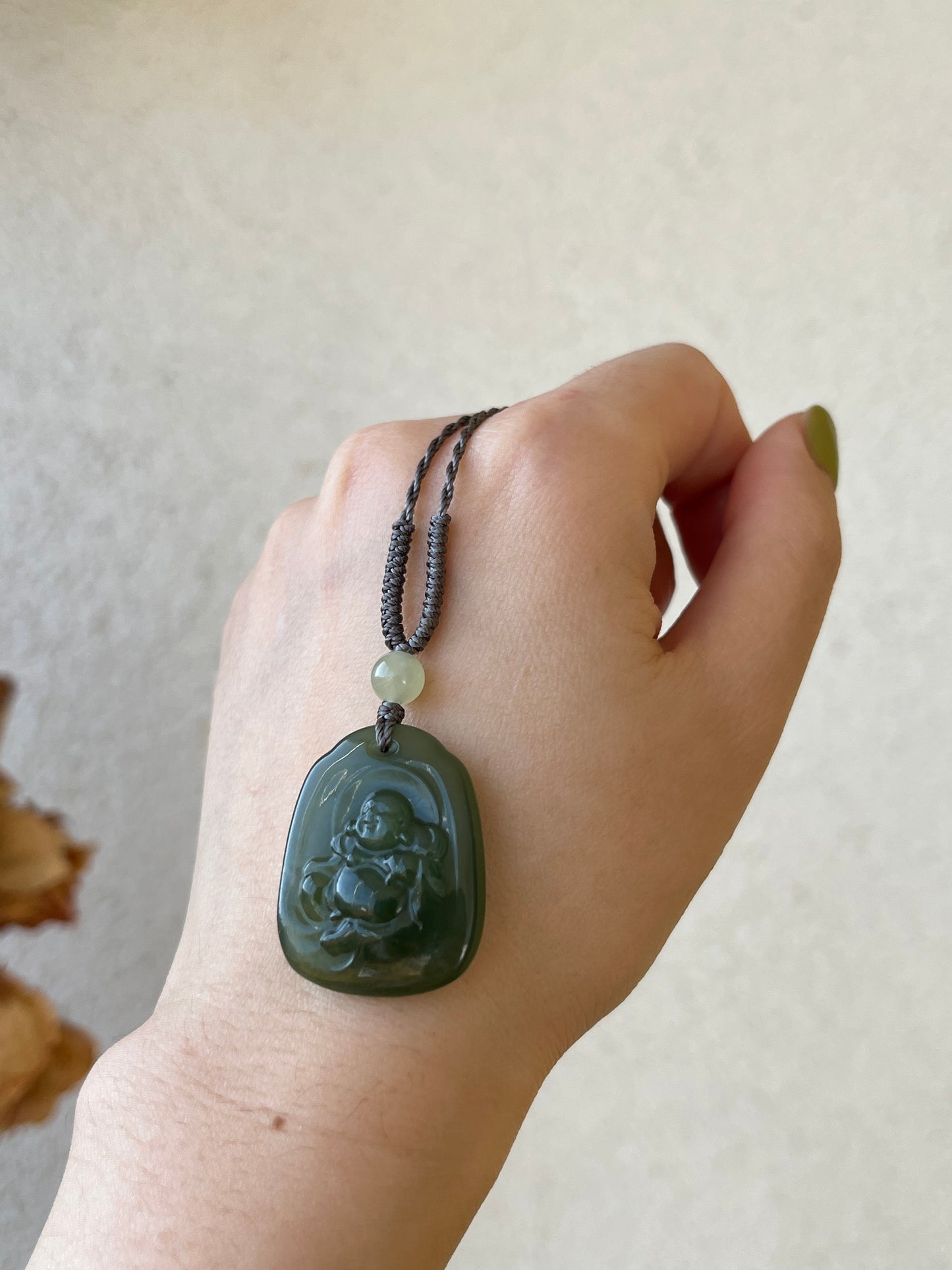 Handmade Necklace with A Hetian Green Jade Happy Buddha Pendant，和田湖水绿逍遥佛