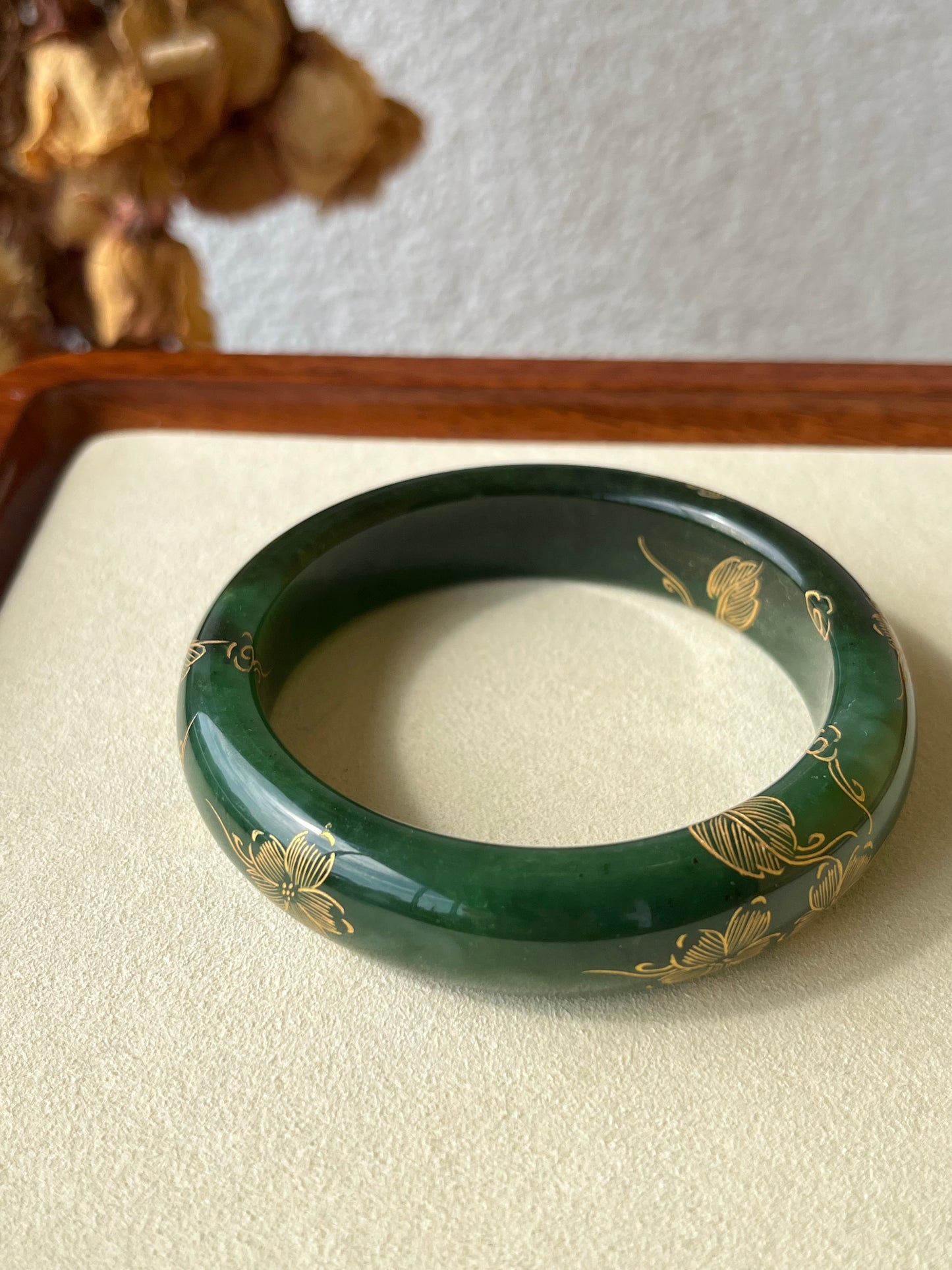 Hetian Jade Bangle with Hand-painted Gold Accents 62mm, 和田碧玉描金宽版手镯
