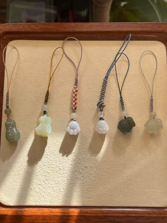 Handmade Cute Phone / Bag Charms with Carved Hetian Jade Pendants