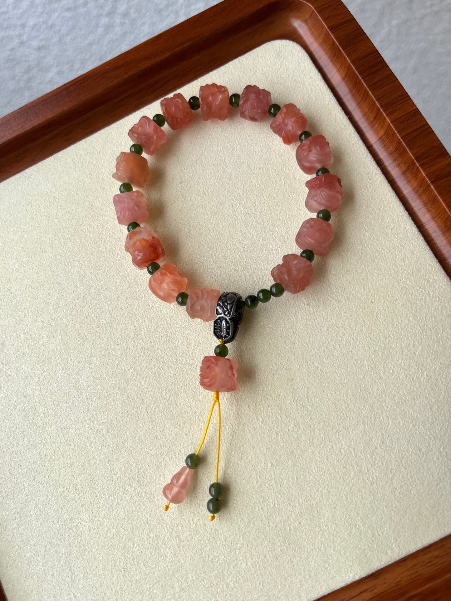 Nanhong Agate Lion Dance Head and Green Hetian Jade Beaded Braclet