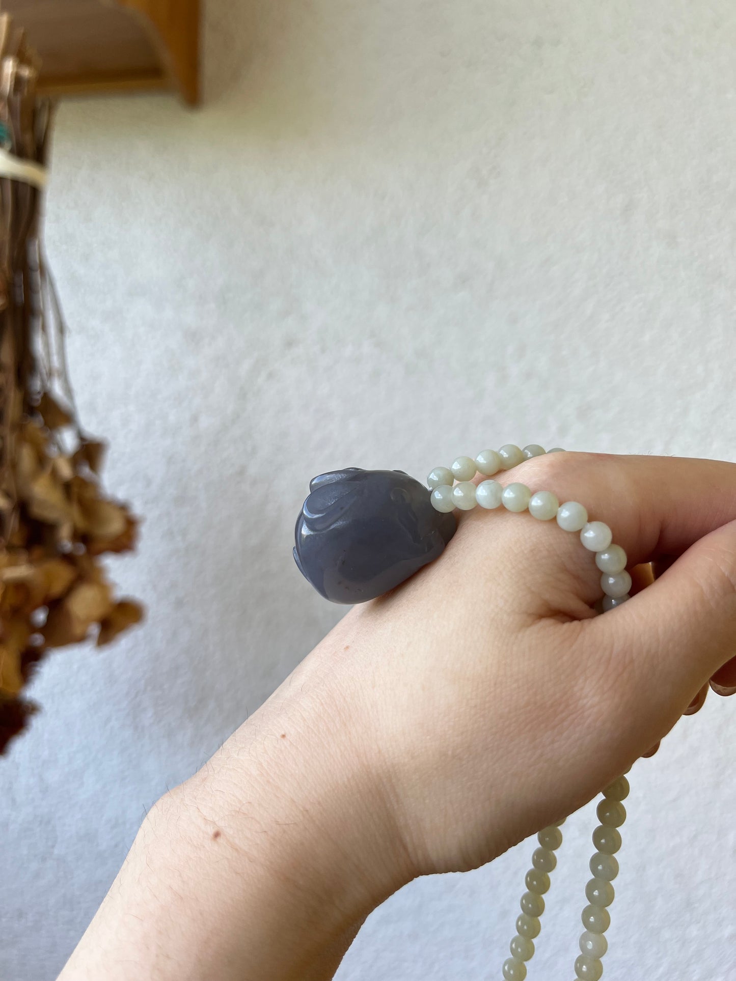 Chinese Zodiac - Handmade Necklace with a Hand Carved Purple Hetian Jade Rabbit and 5mm Hetian Jade Beaded Cord