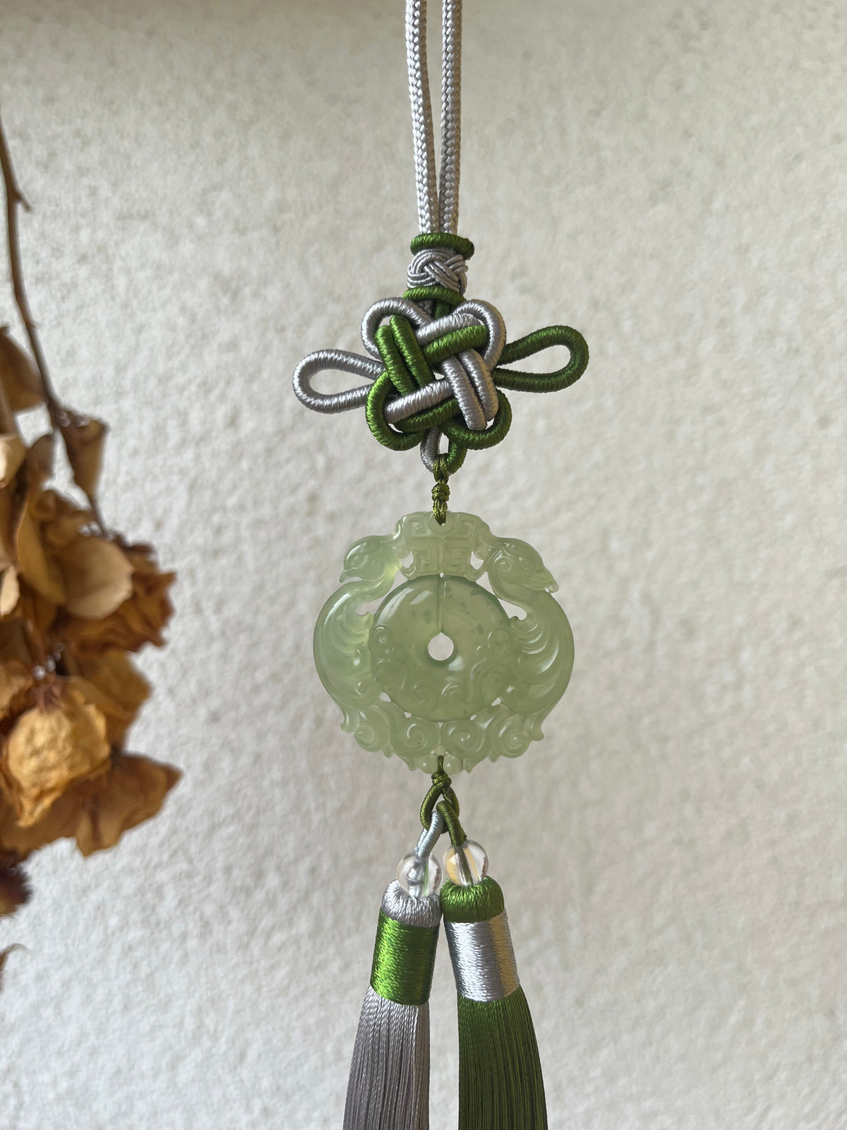 Xiu Jade Dragon and Phoenix Auspicious Pendant Car Hanging