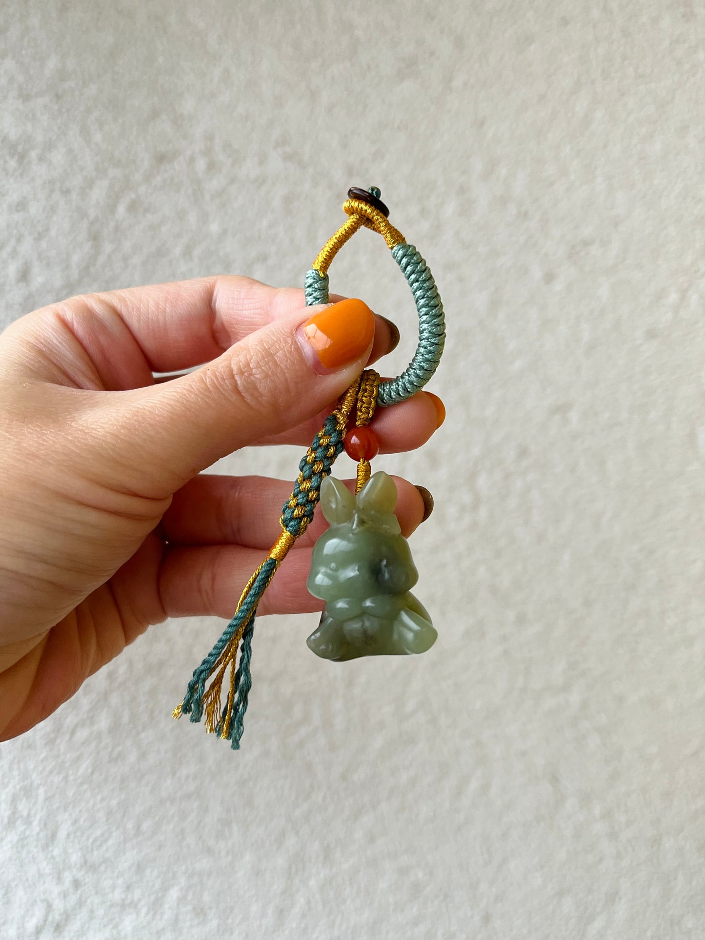 Handmade Bag Charm with a Super Cute Hand Carved Blue Hetian Jade Rabbit