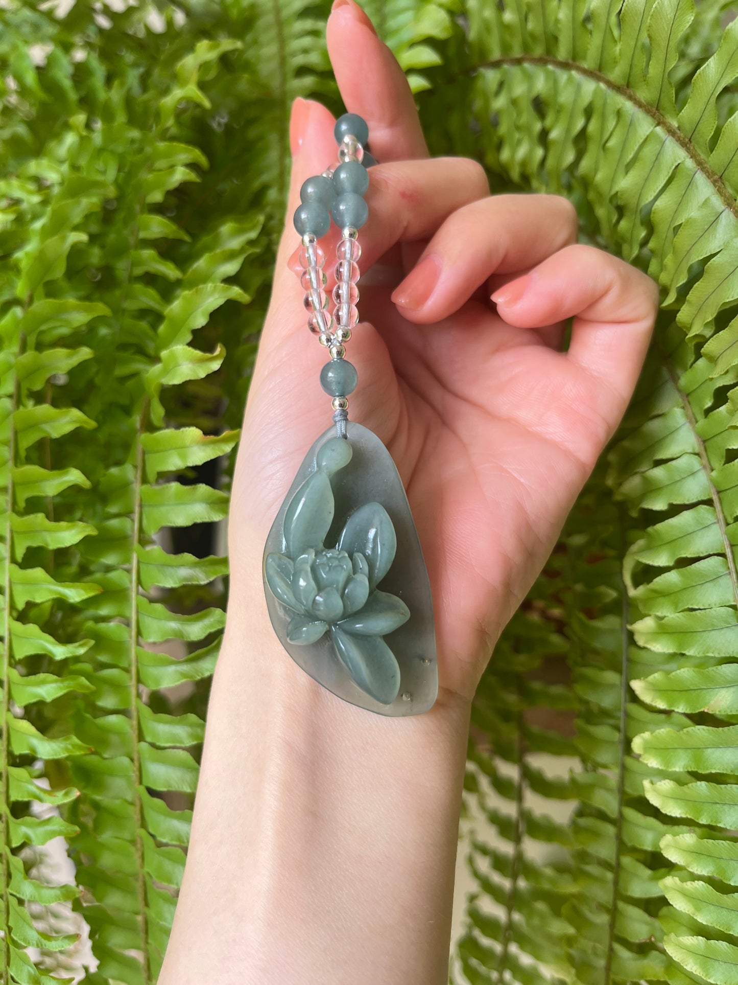 Hand Carved Blue Xiu Jade Lotus Necklace