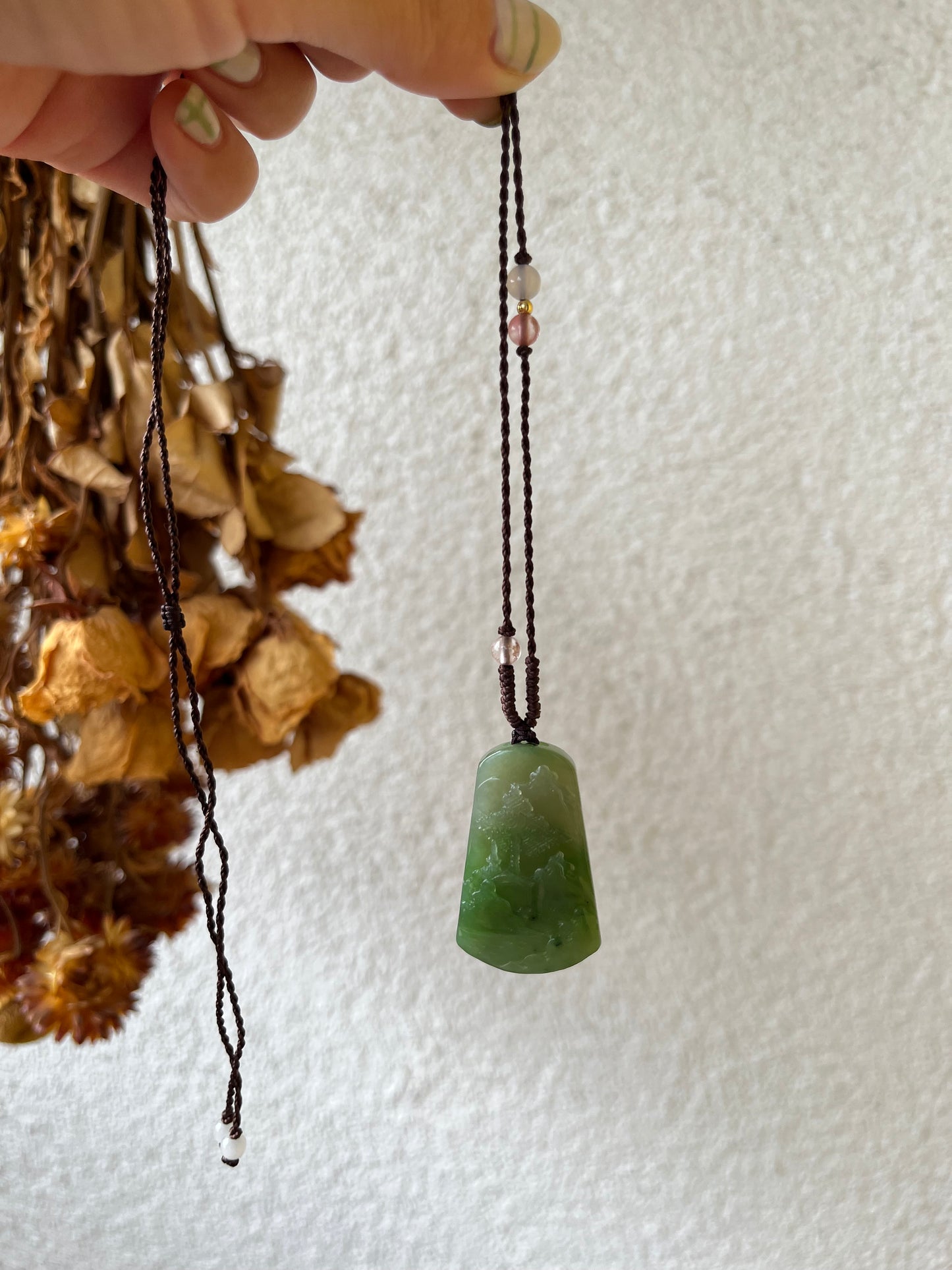 Hand Carved Green Hetian Jade Landscape Pendant | 手雕和田碧玉山水牌