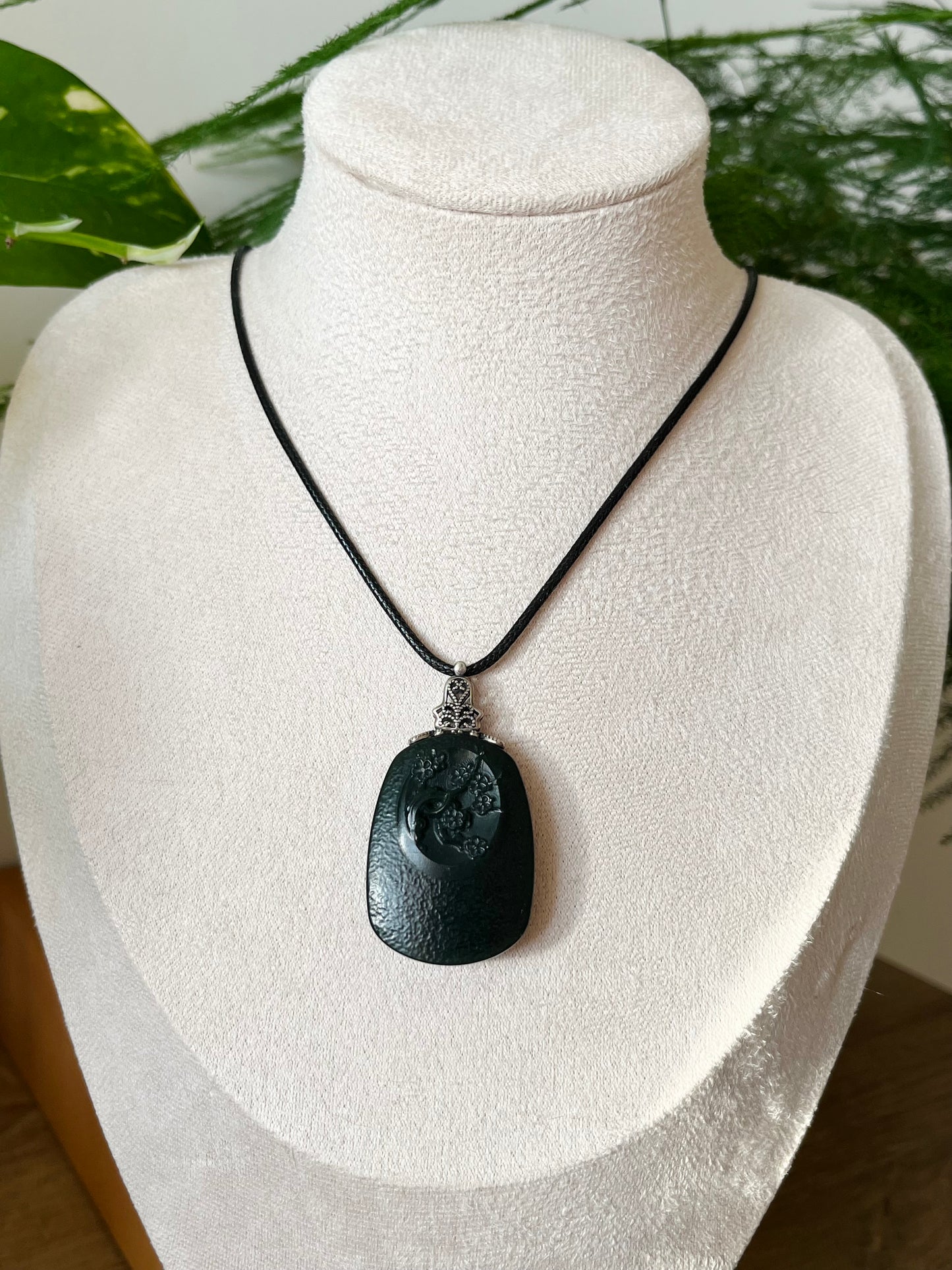 Vintage Style Carved Hetian Jade Plum Blossom Pendant, 和田青玉复古银扣头梅花牌