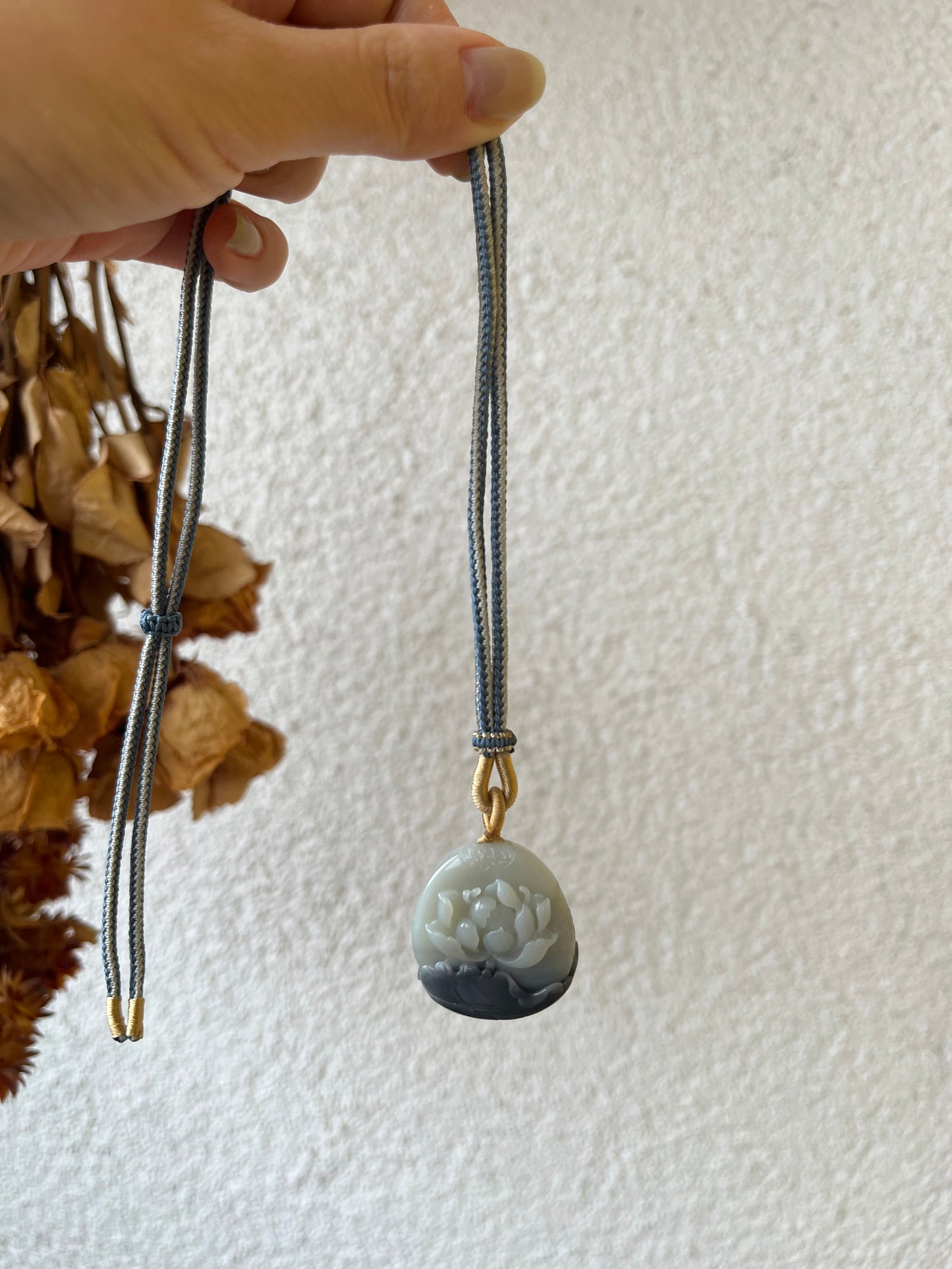 Hand Carved Hetian Jade Gray and White Lotus Pendant | 和田青花荷花牌
