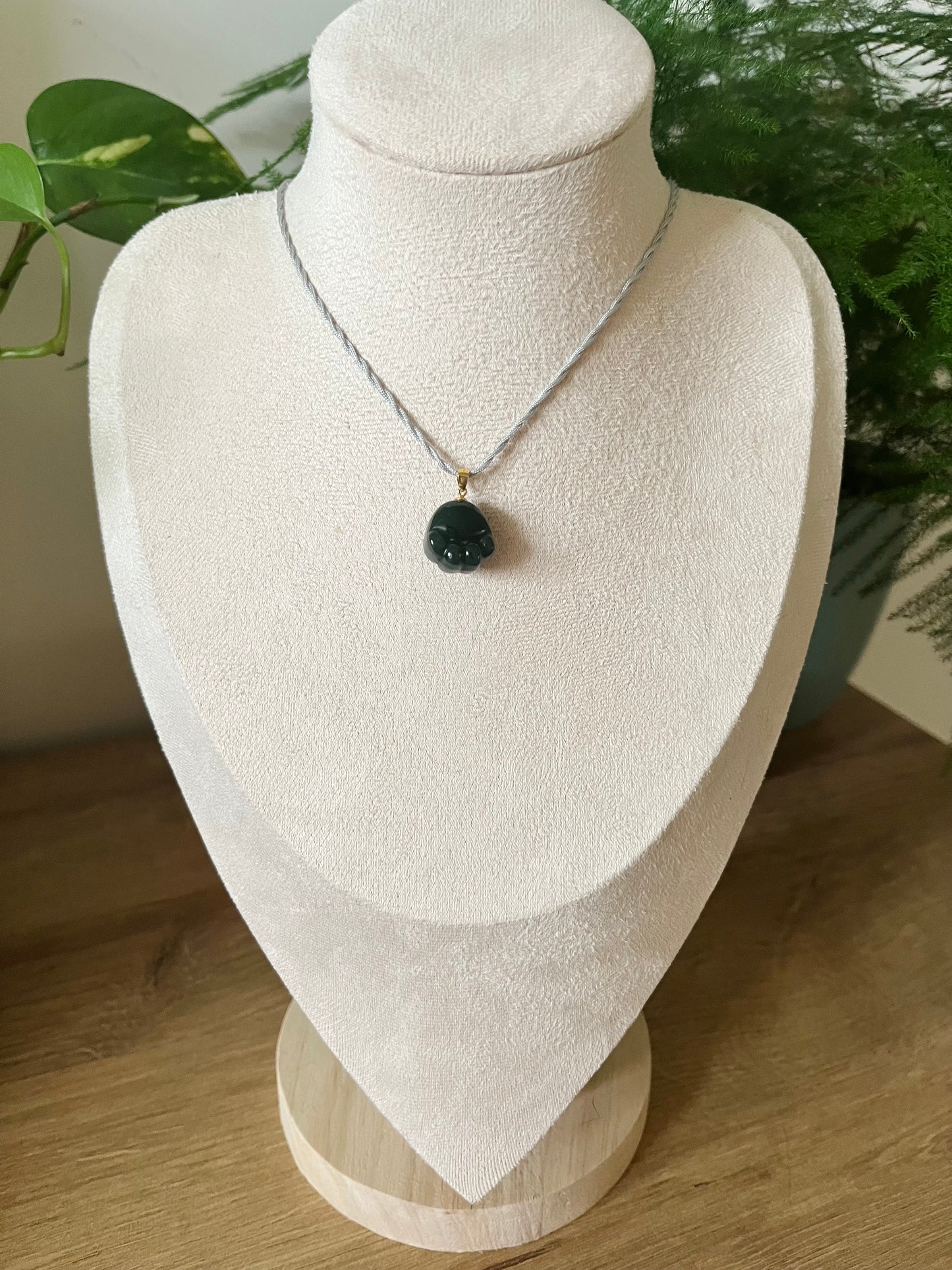 Carved Dark Cyan Hetian Jade Cat Paw Pendant, 青玉银扣头小猫爪