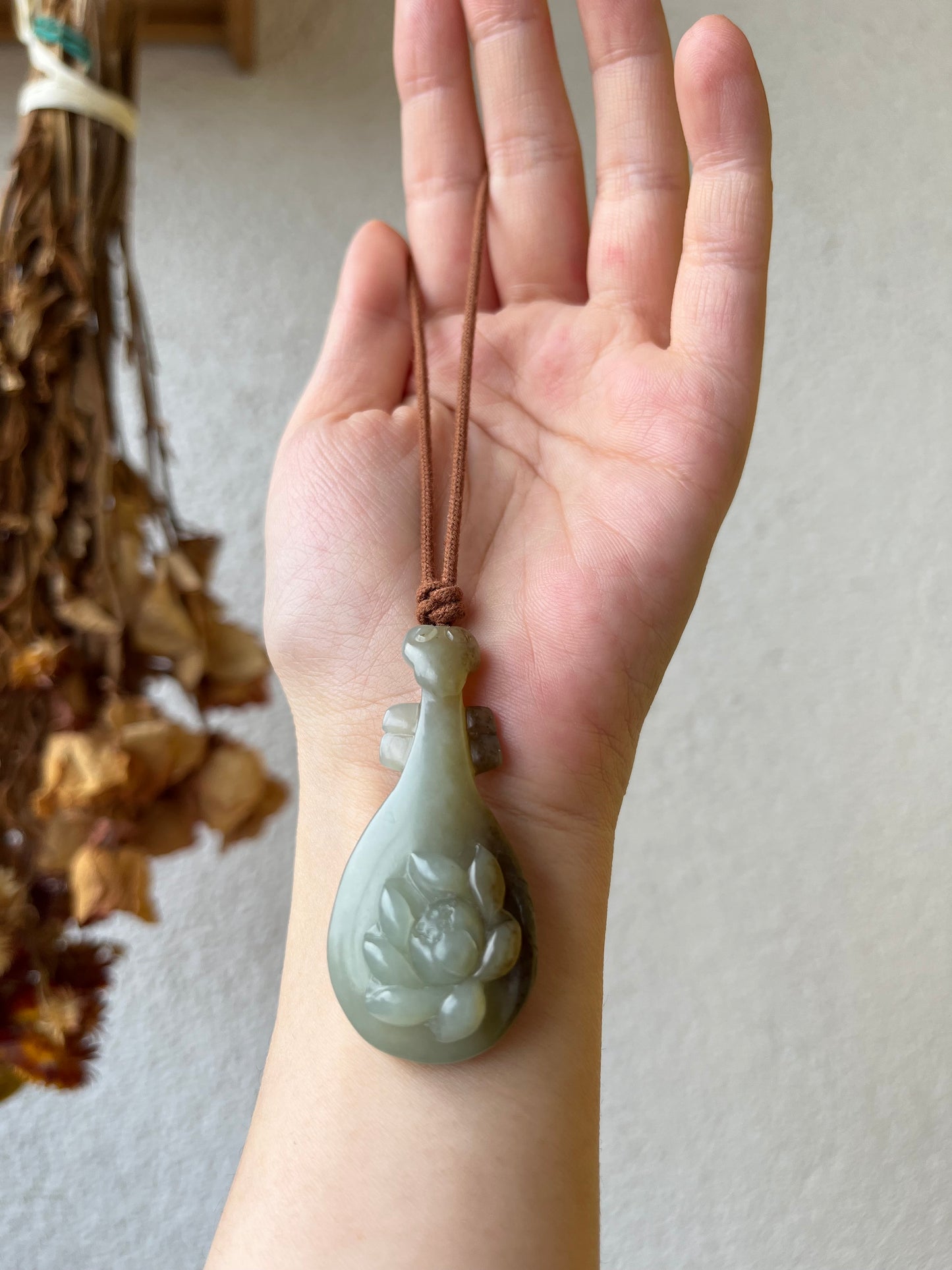 Handmade Necklace with a Hand Carved Blue and Brown Jade Pipa Instrument Pendant