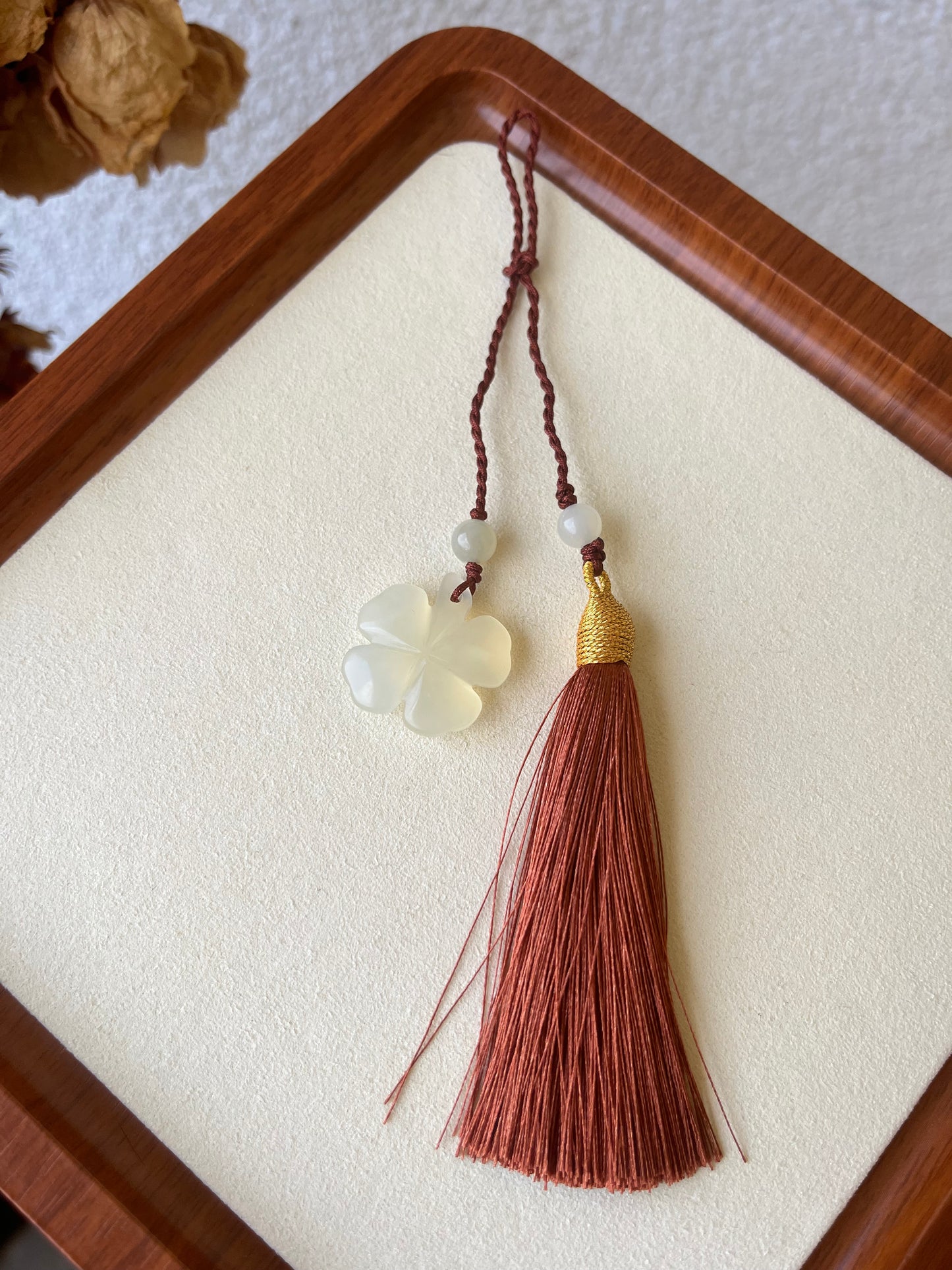 Handmade Xiu Jade Four Leaf Clover Bag Charm | 岫玉四叶草包挂