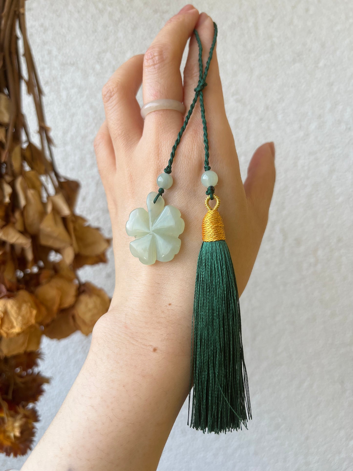 Handmade Xiu Jade Four Leaf Clover Bag Charm | 岫玉四叶草包挂