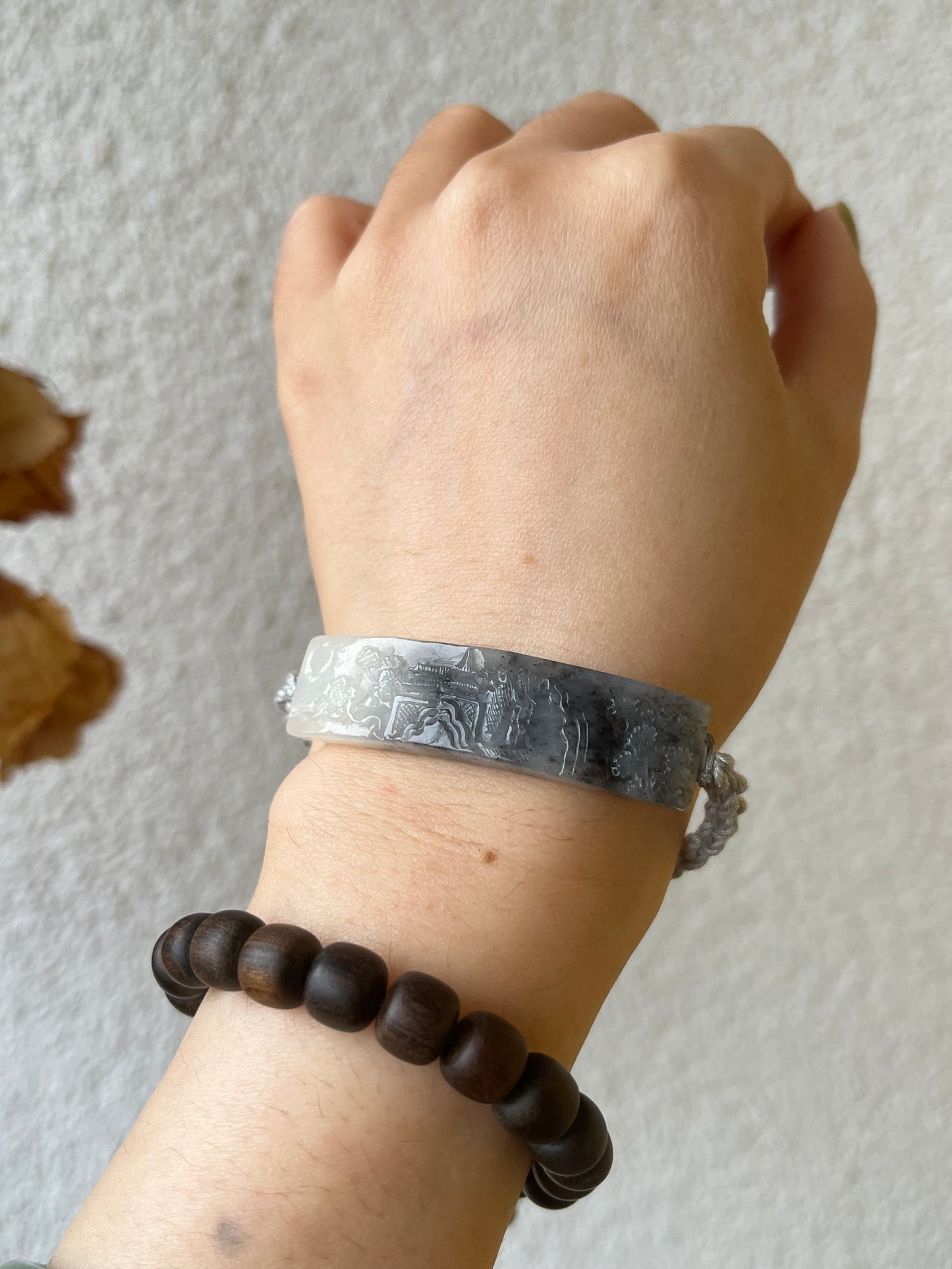 Bracelet Crafted from a Hand Carved Gray Hetian Jade Landscape Pendant | 手雕和田青花意境山水手牌