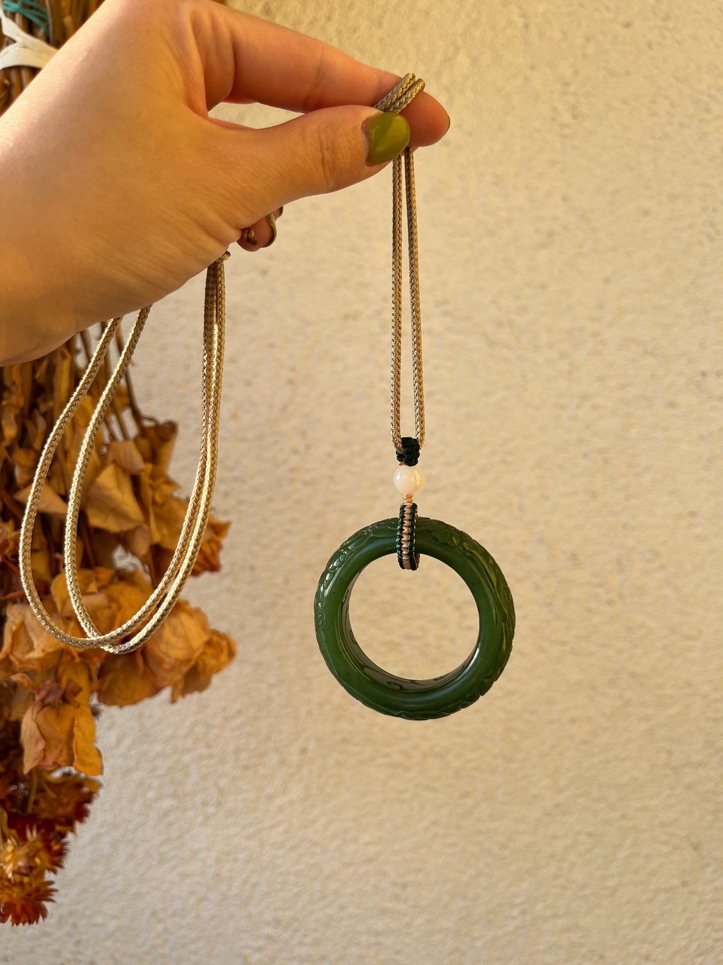 Hand Carved Green Hetian Jade Lotus Flower Peace Ring Pedant, 手雕碧玉荷花平安环吊坠