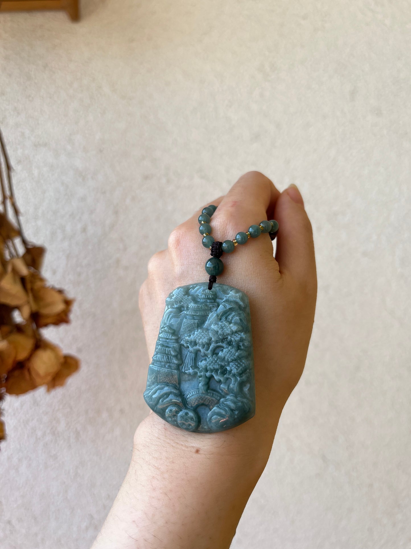 Handmade Necklace with Blue Jadeite Landscape Pendant and Agarwood Beaded (5mm) Cord