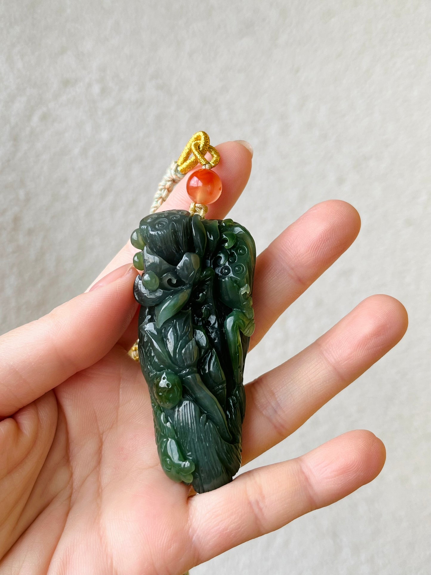 Hand Carved Green Hetian Jade Fish and Lotus Pendant, 手雕碧玉荷花鱼手把件