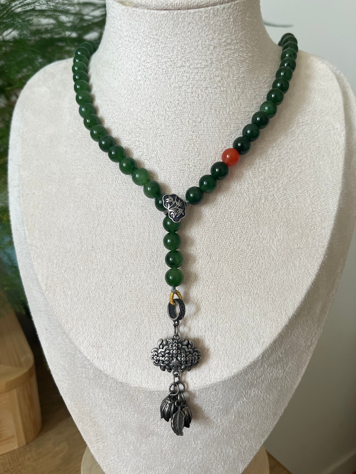 8mm Green Hetian Jade Beaded Long Necklace | 和田老矿碧玉长链