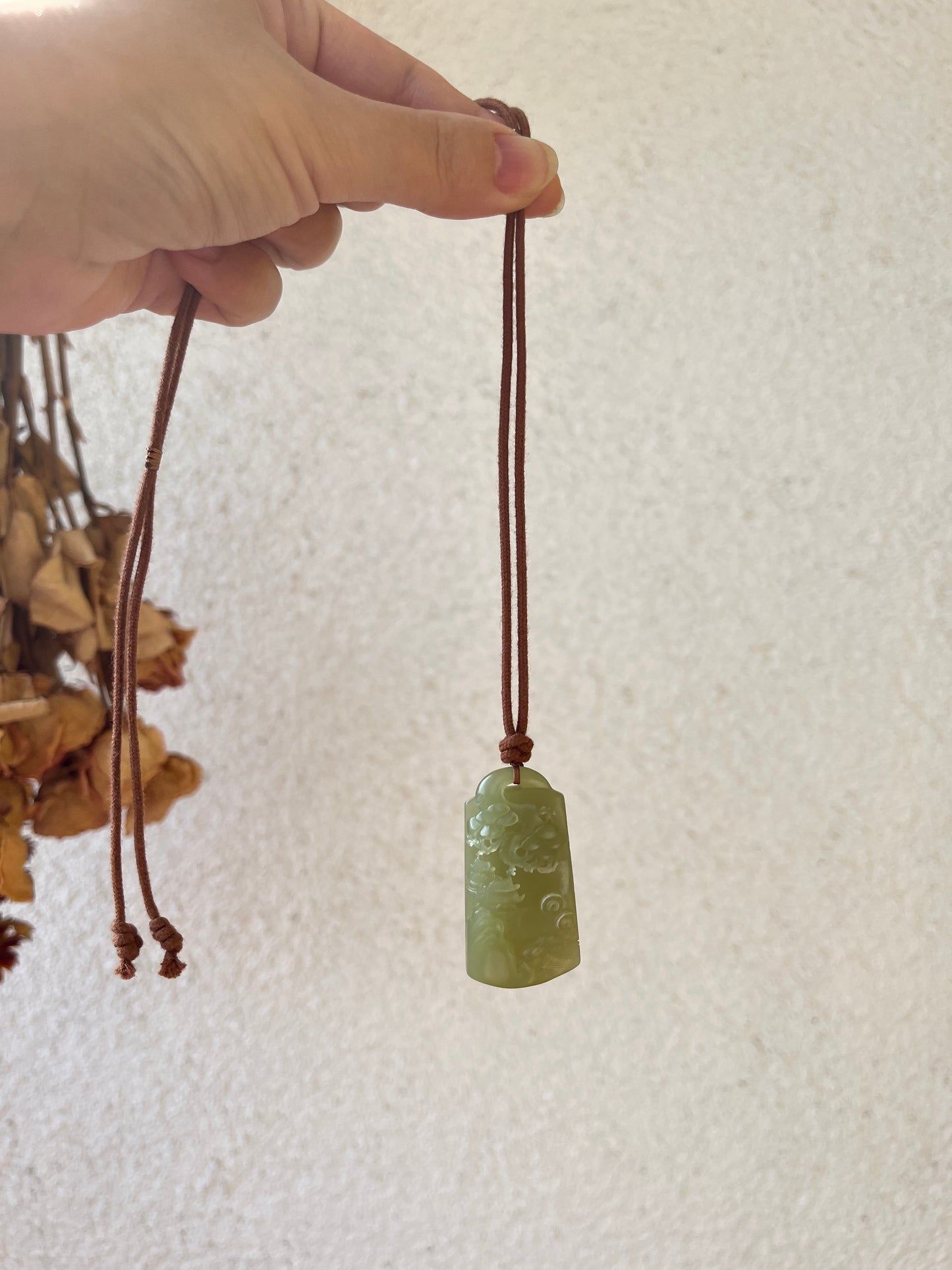 Hand Carved Greenish Yellow Hetian Jade Landscape Pendant, 手雕青黄口山水