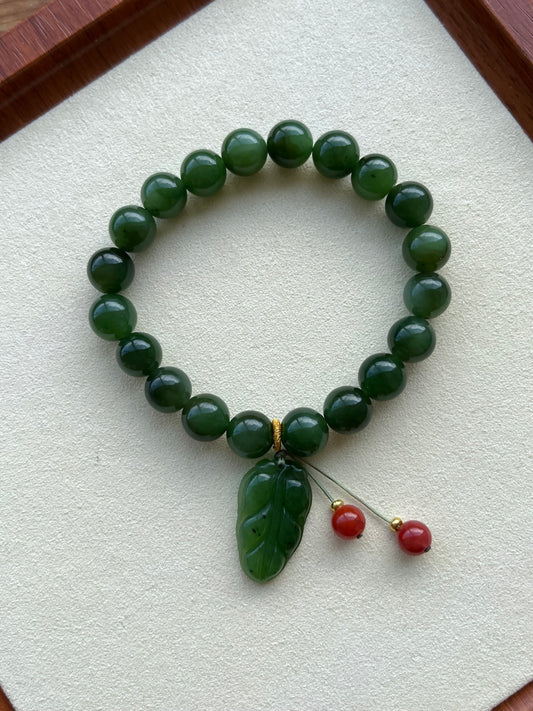 10mm Green Hetian Jade Beaded Bracelet with a Green Leaf Pendant