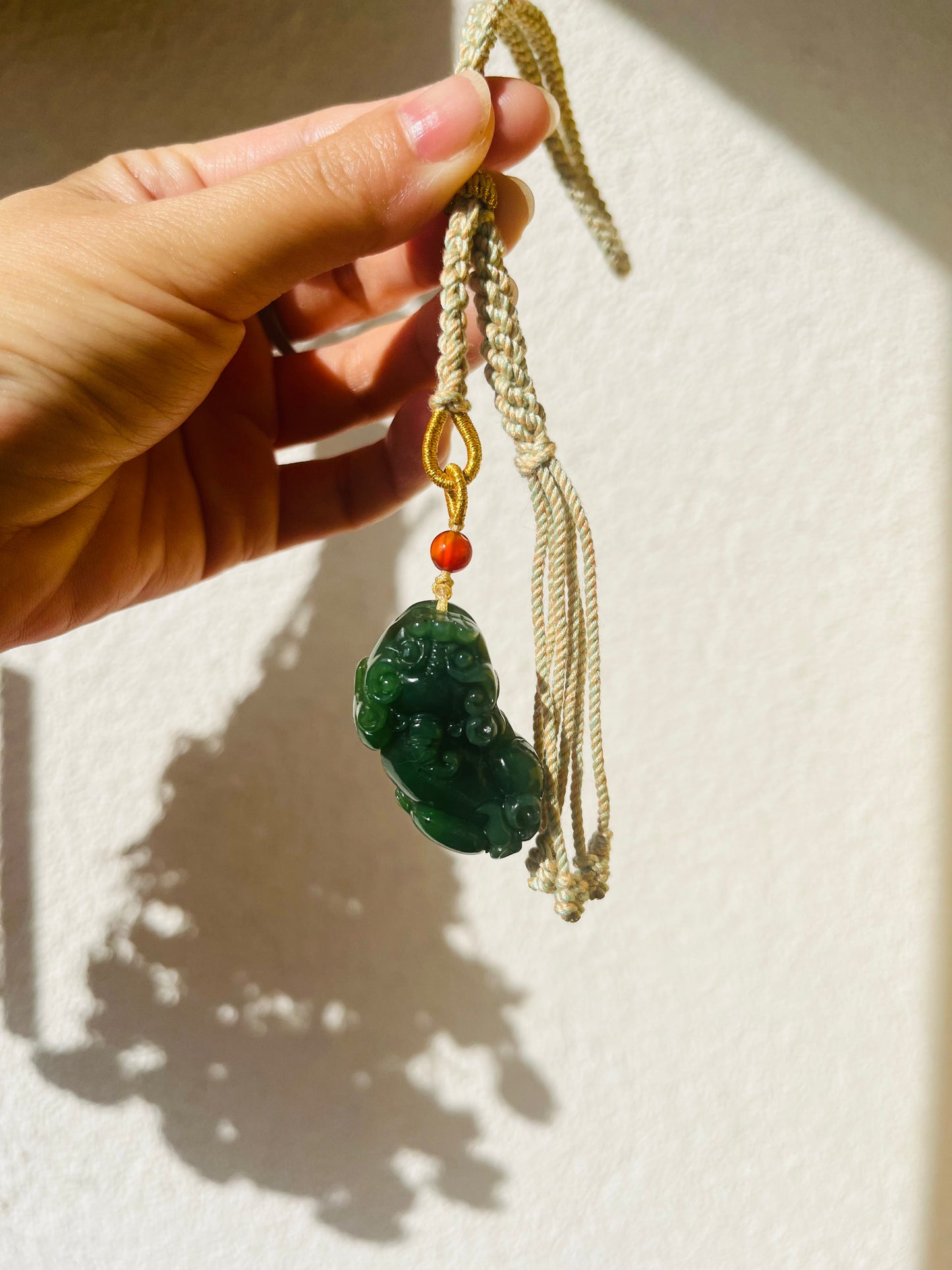 Handmade Bag Charm with a Carved Hetian Green Jade Pixiu, 碧玉貔貅包挂