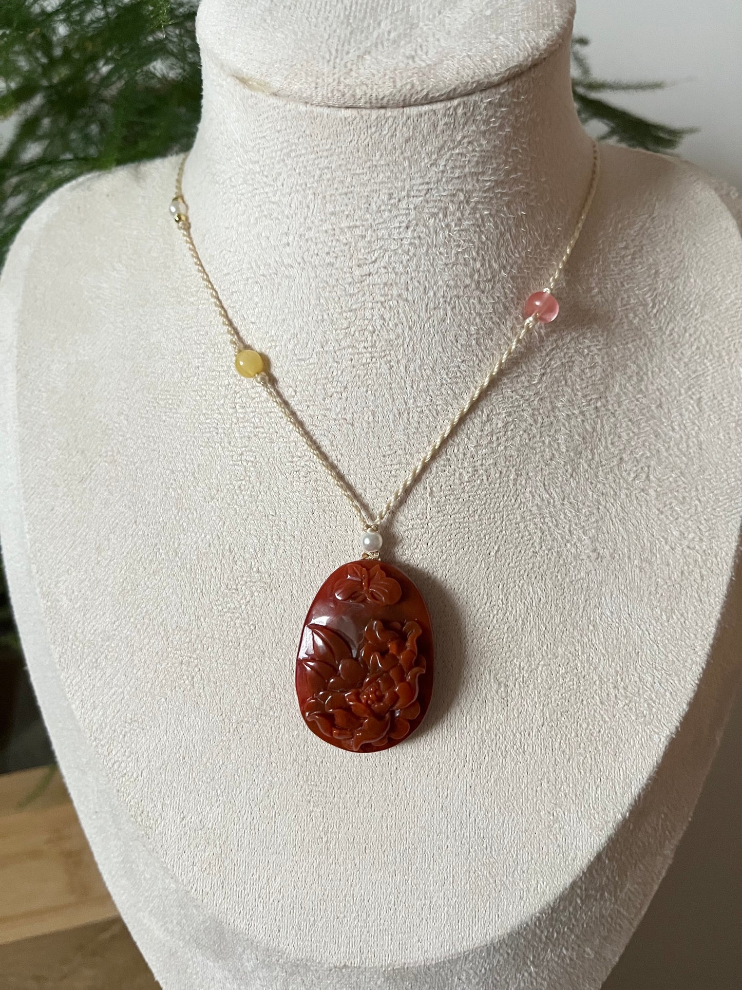 Hand Carved Nanhong Agate Peony Flower and Butterfly Pendant | 手雕南红蝶恋花