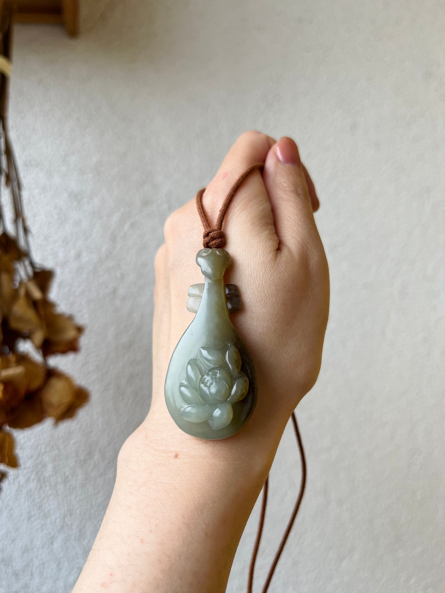 Handmade Necklace with a Hand Carved Blue and Brown Jade Pipa Instrument Pendant