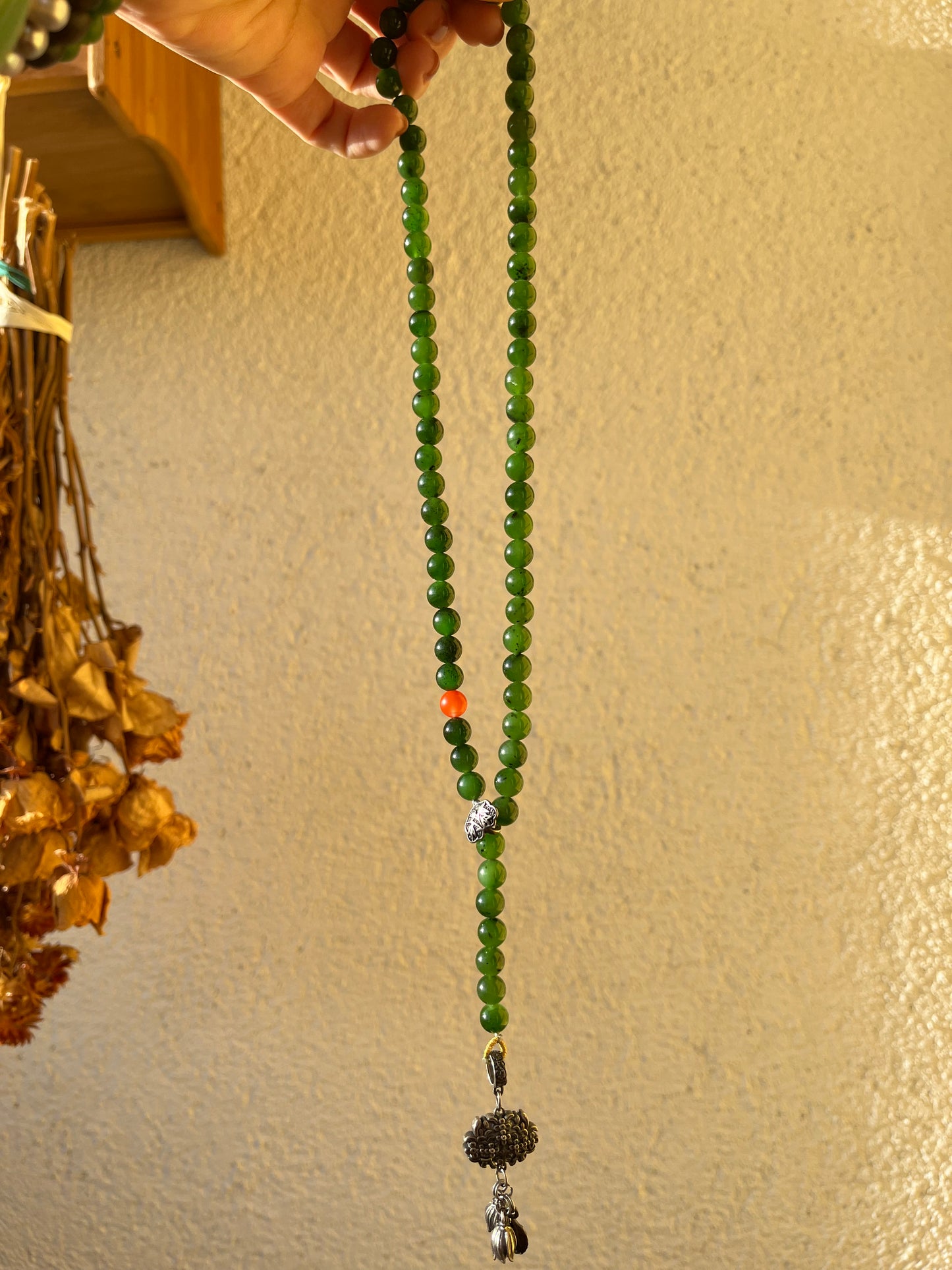 8mm Green Hetian Jade Beaded Long Necklace | 和田老矿碧玉长链