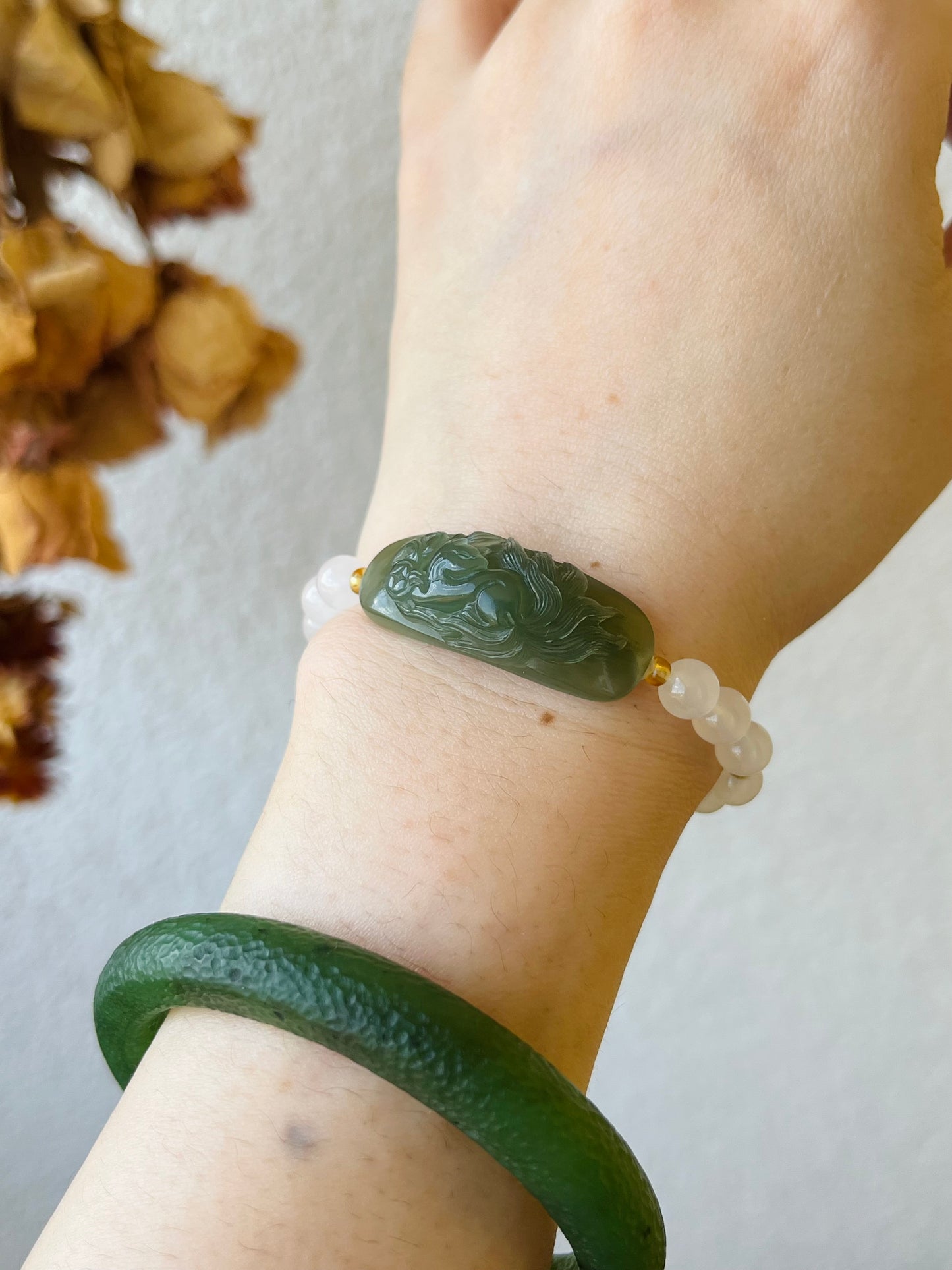 Handmade Bracelet with a Hand Carved Green Hetian Jade Nine Tailed Fox Pendant