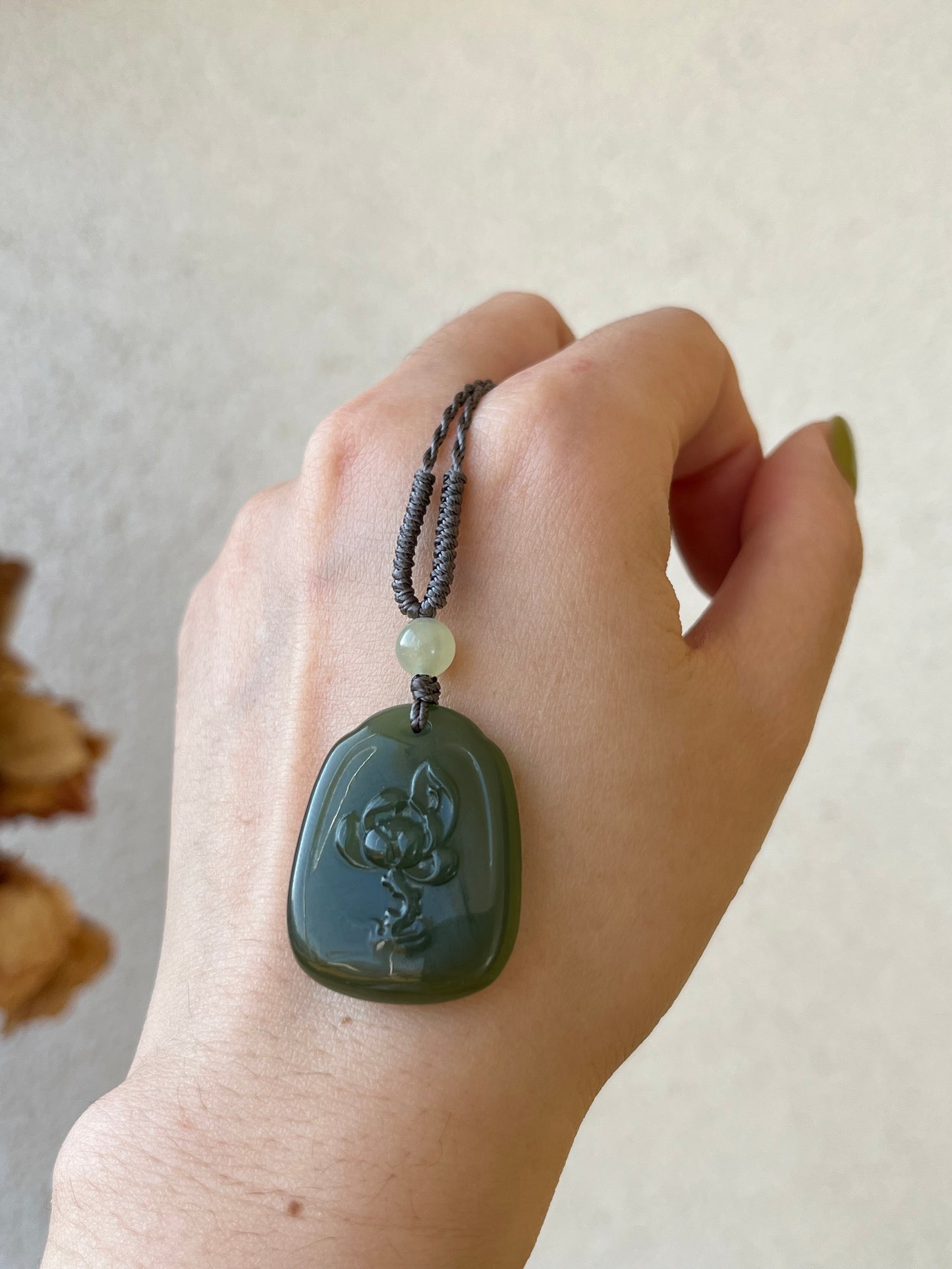 Handmade Necklace with A Hetian Green Jade Happy Buddha Pendant，和田湖水绿逍遥佛