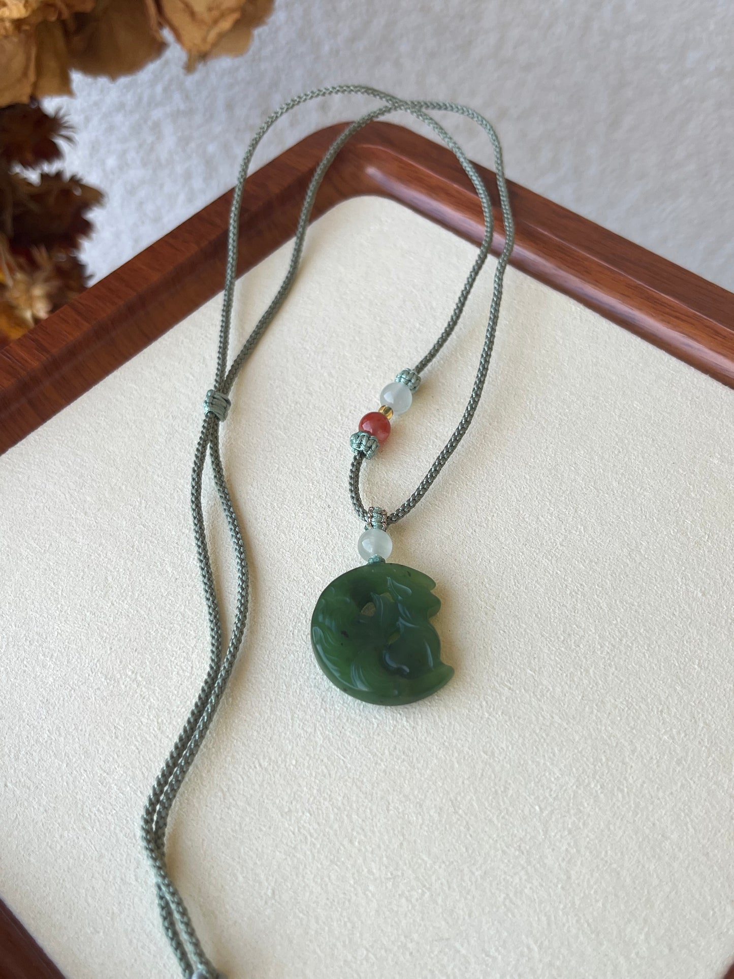 Green Hetian Jade Nine-tailed Fox Necklace | 和田碧玉小九尾吊坠