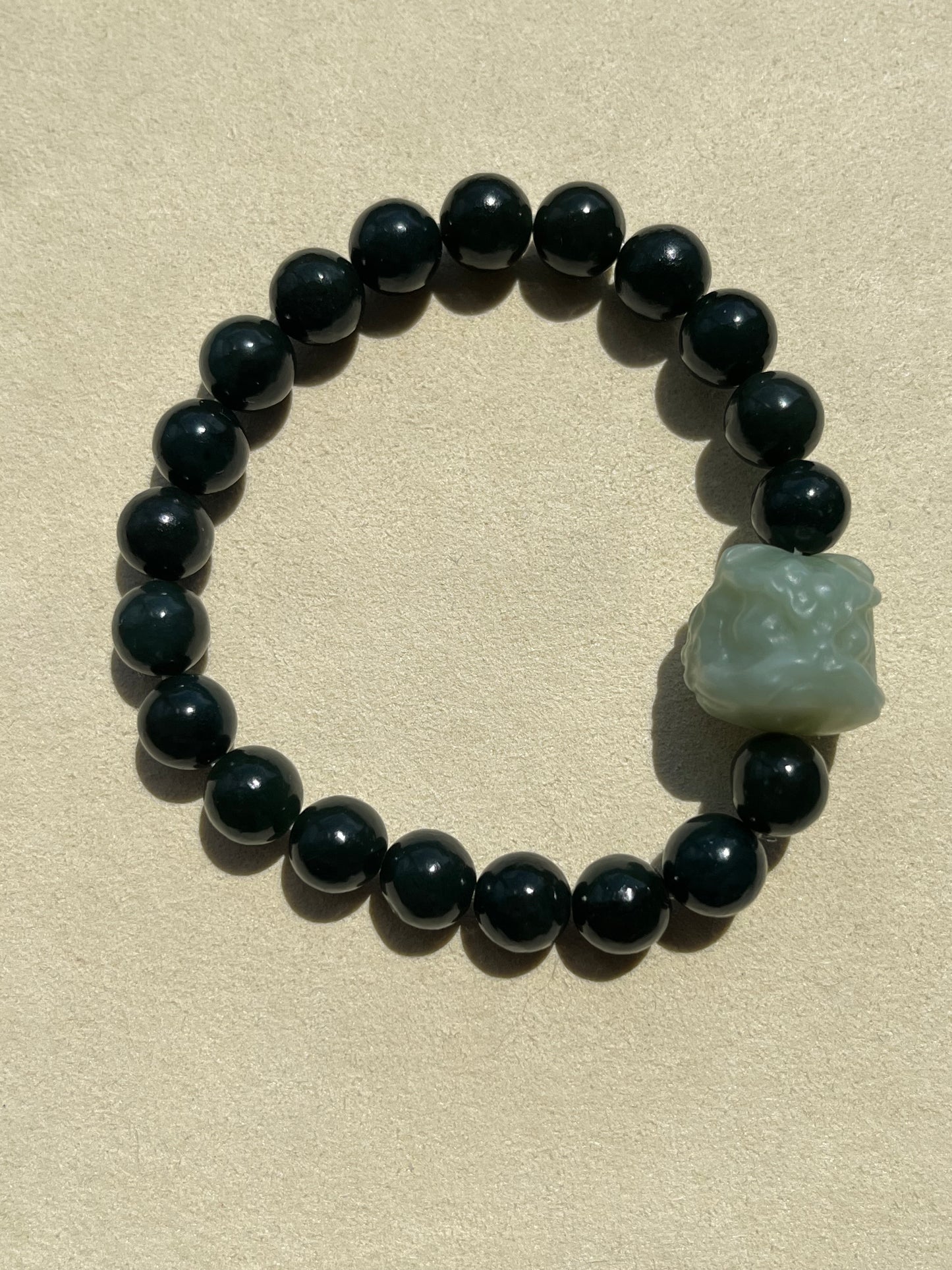 9mm Dark Cyan Hetian Jade Beaded Bracelet with a Blue Hetian Jade Lion Dance Head