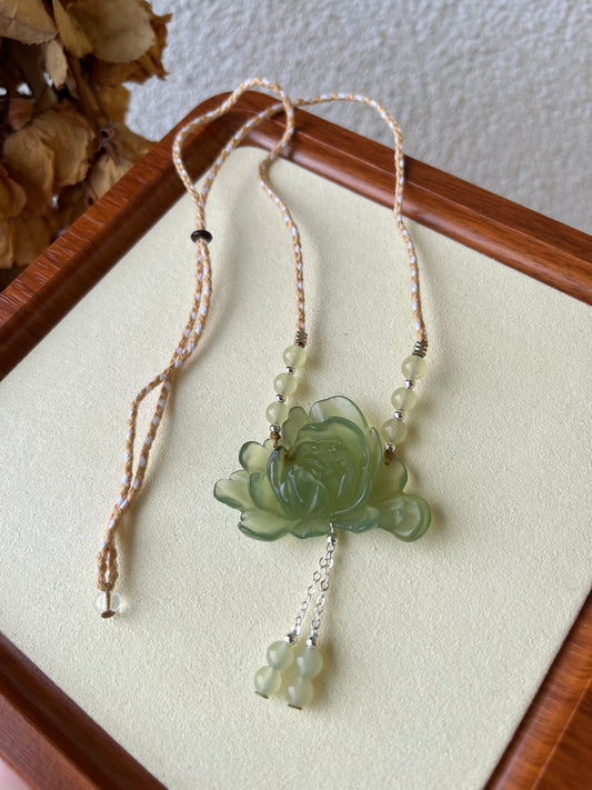 Hand Carved Light Green Xiu Jade Peony