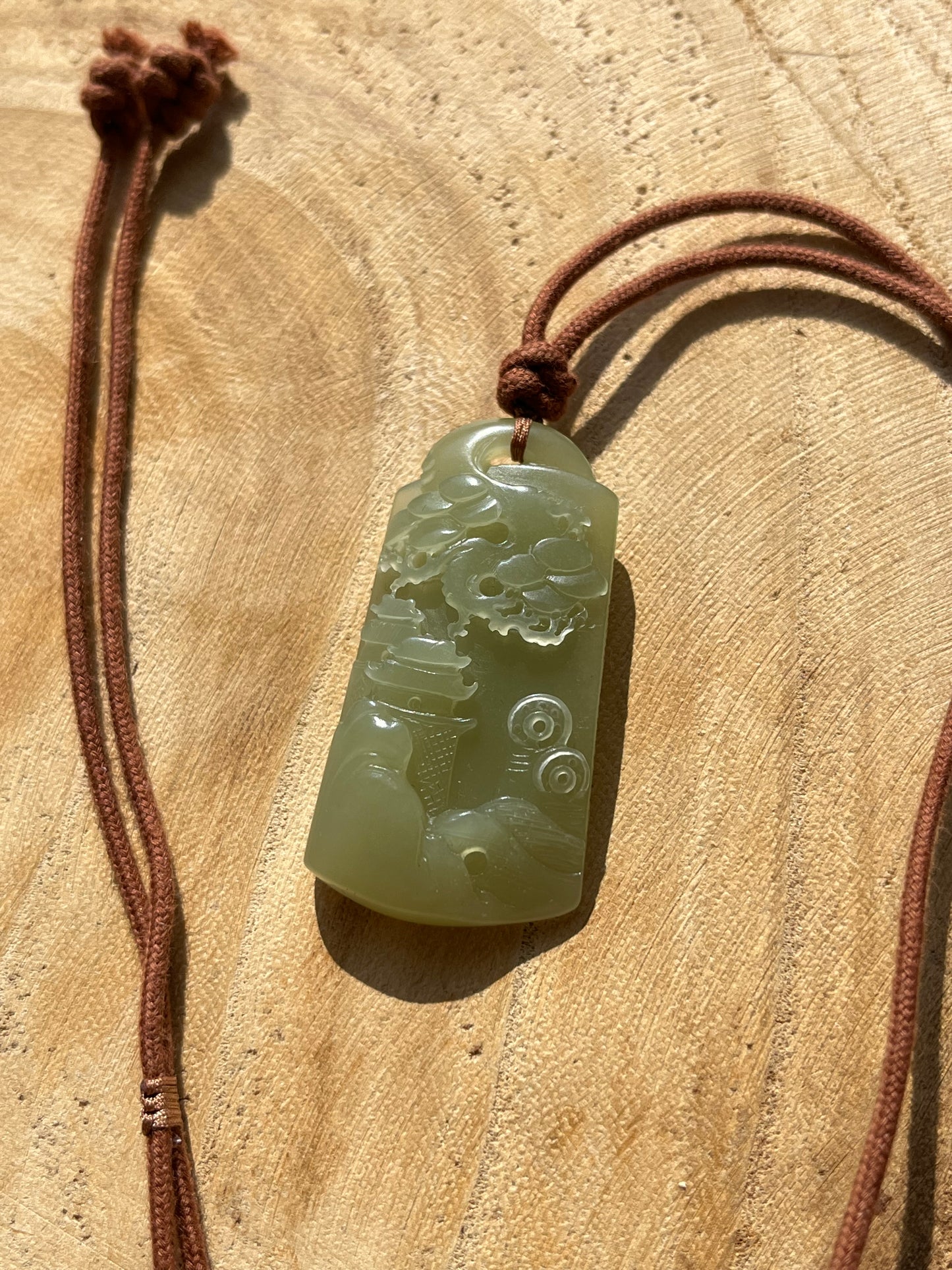 Hand Carved Greenish Yellow Hetian Jade Landscape Pendant, 手雕青黄口山水
