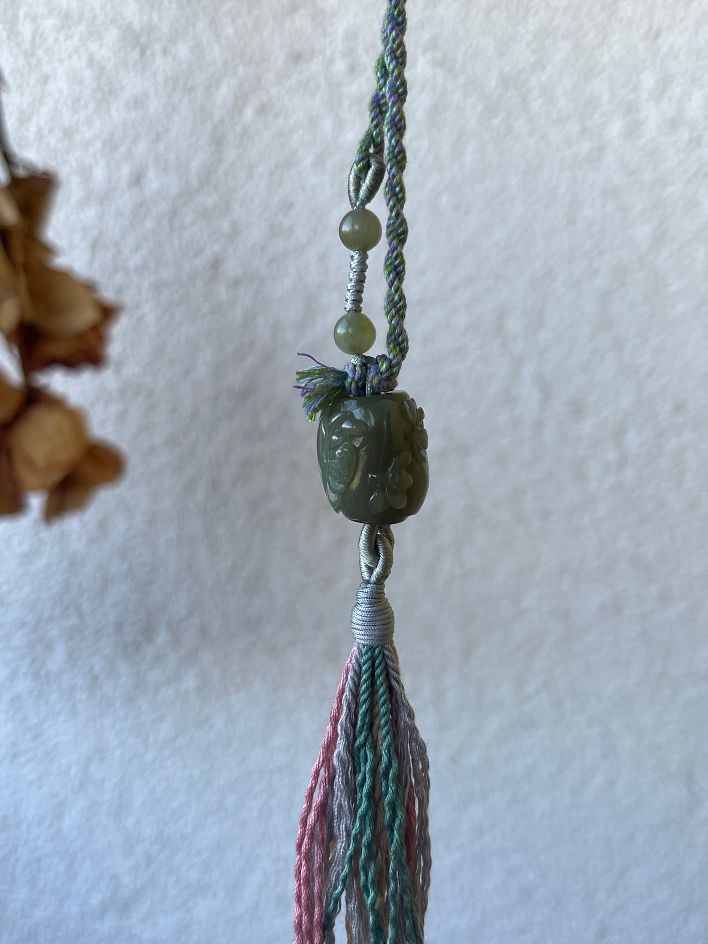 Designed Necklace with a Hand Carved Hetian Green Jade Lotus and Bird Bead, 和田手雕碧玉鸟戏荷花桶珠