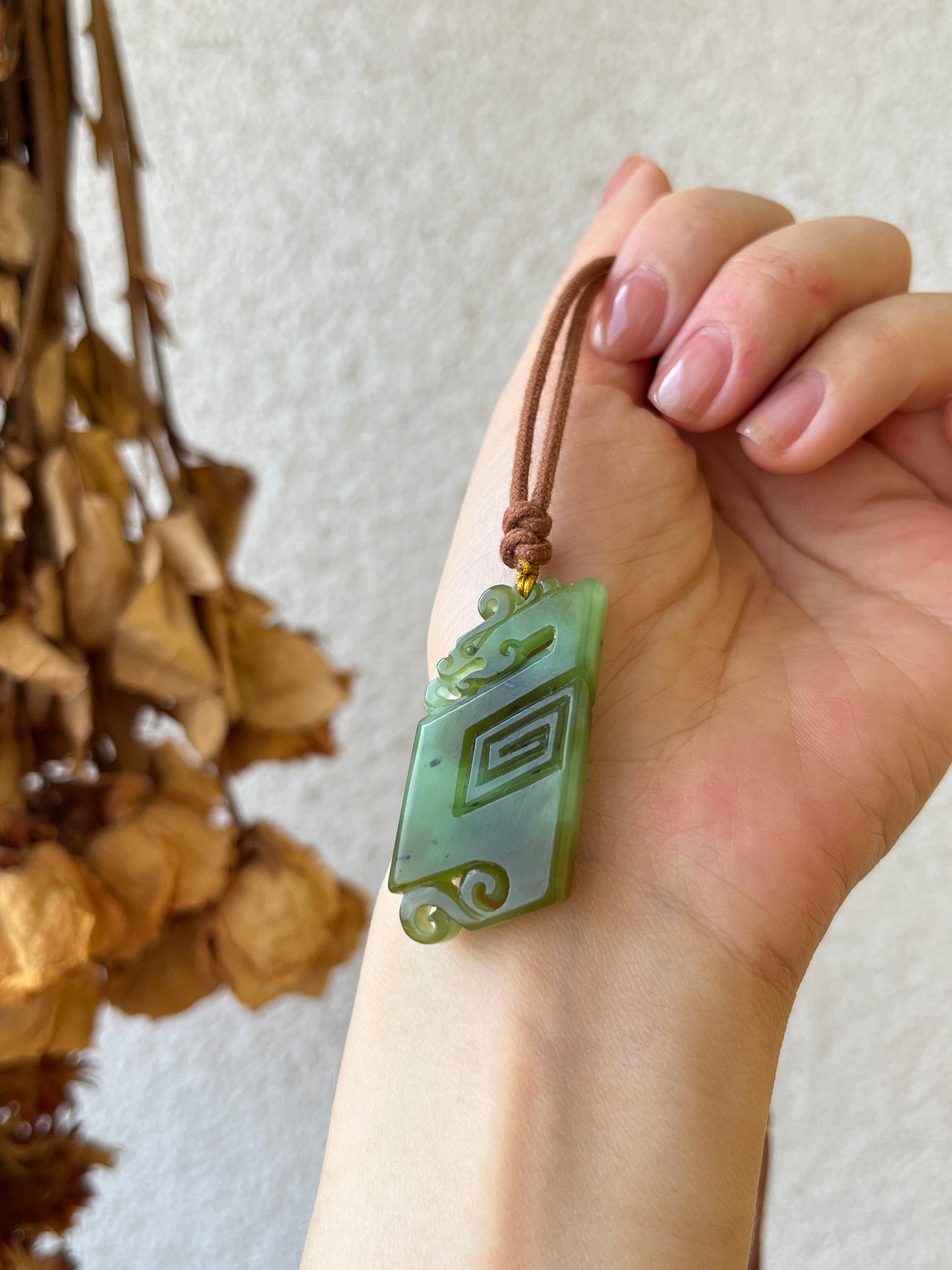 Hand Carved Green Hetian Jade Ancient Style Dragon Pendant | 和田碧玉仿古龙牌