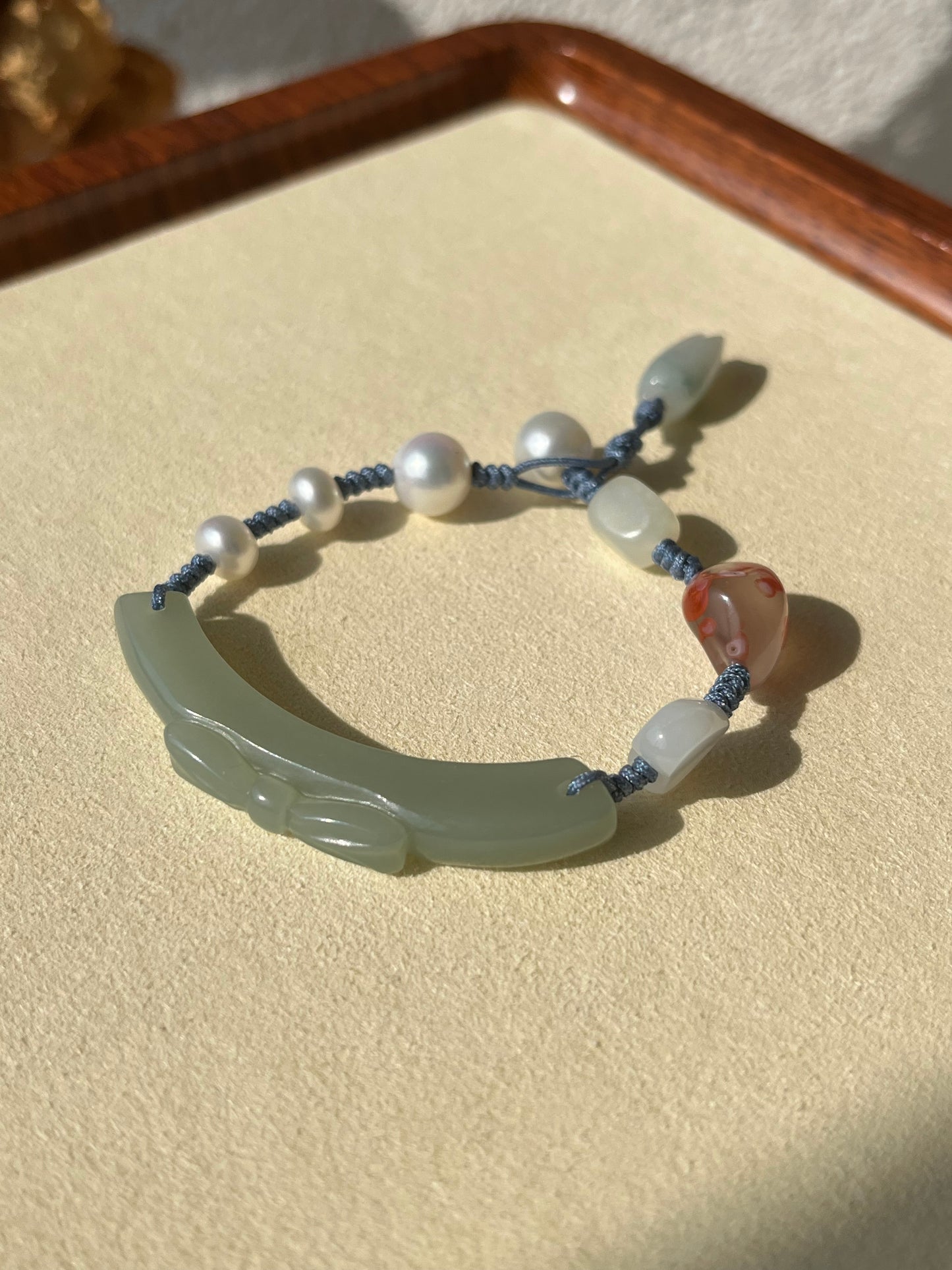 Blue Hetian Jade Bow Bracelet | 设计款和田且末蓝蝴蝶结手绳