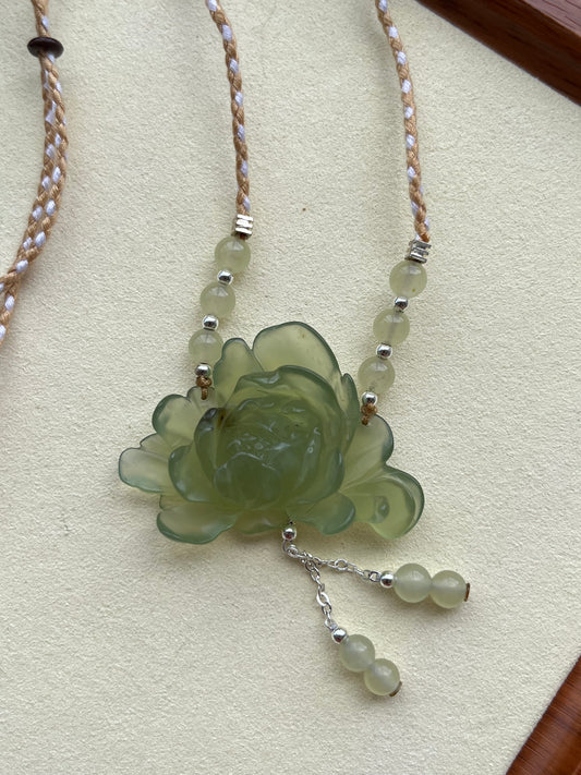 Hand Carved Light Green Xiu Jade Peony