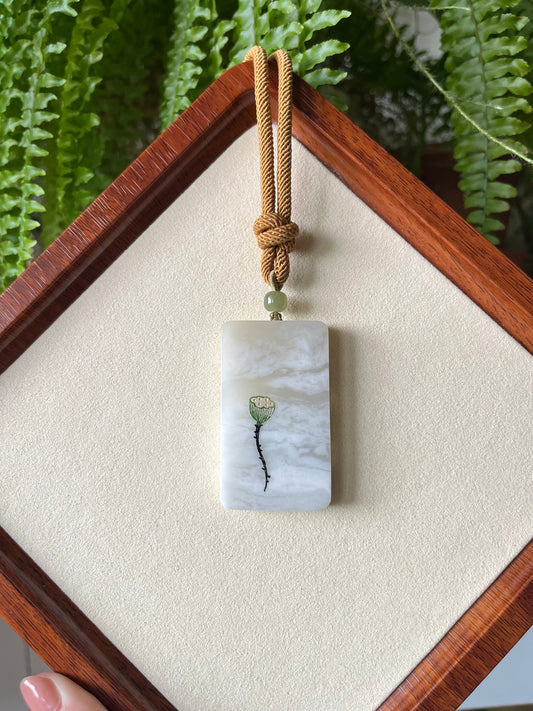 Unique White Jade Flat Pendant with Artistic Cloud-like Inclusions | 和田特色意境棉白玉无事牌