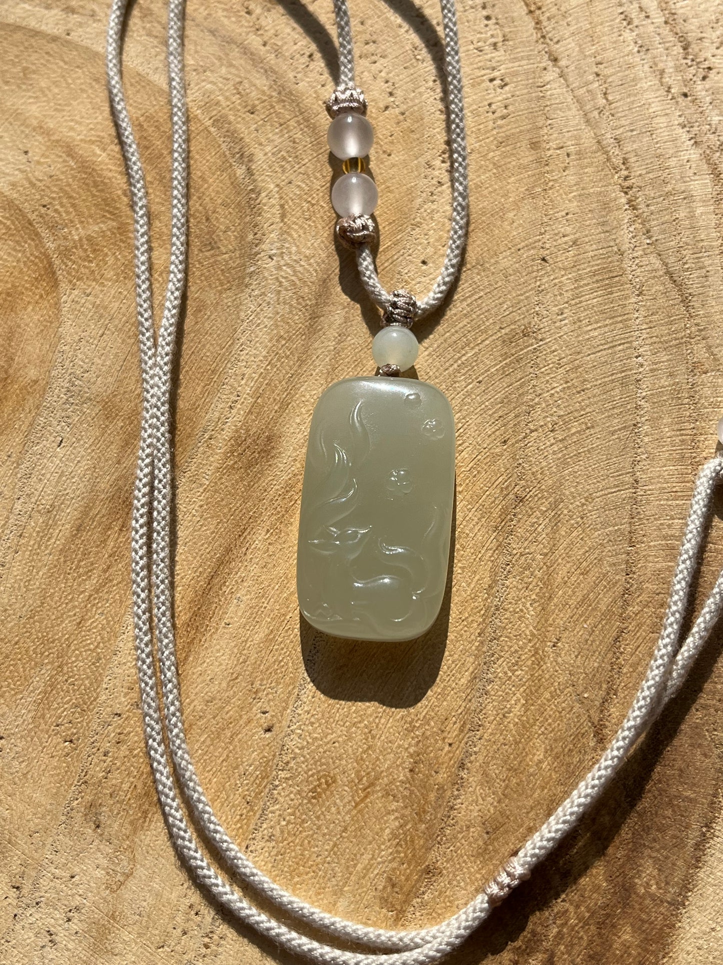 Hand Carved Jade Nine-Tailed Fox Pendant, 手雕晴水冰胶九尾狐 & 无事牌